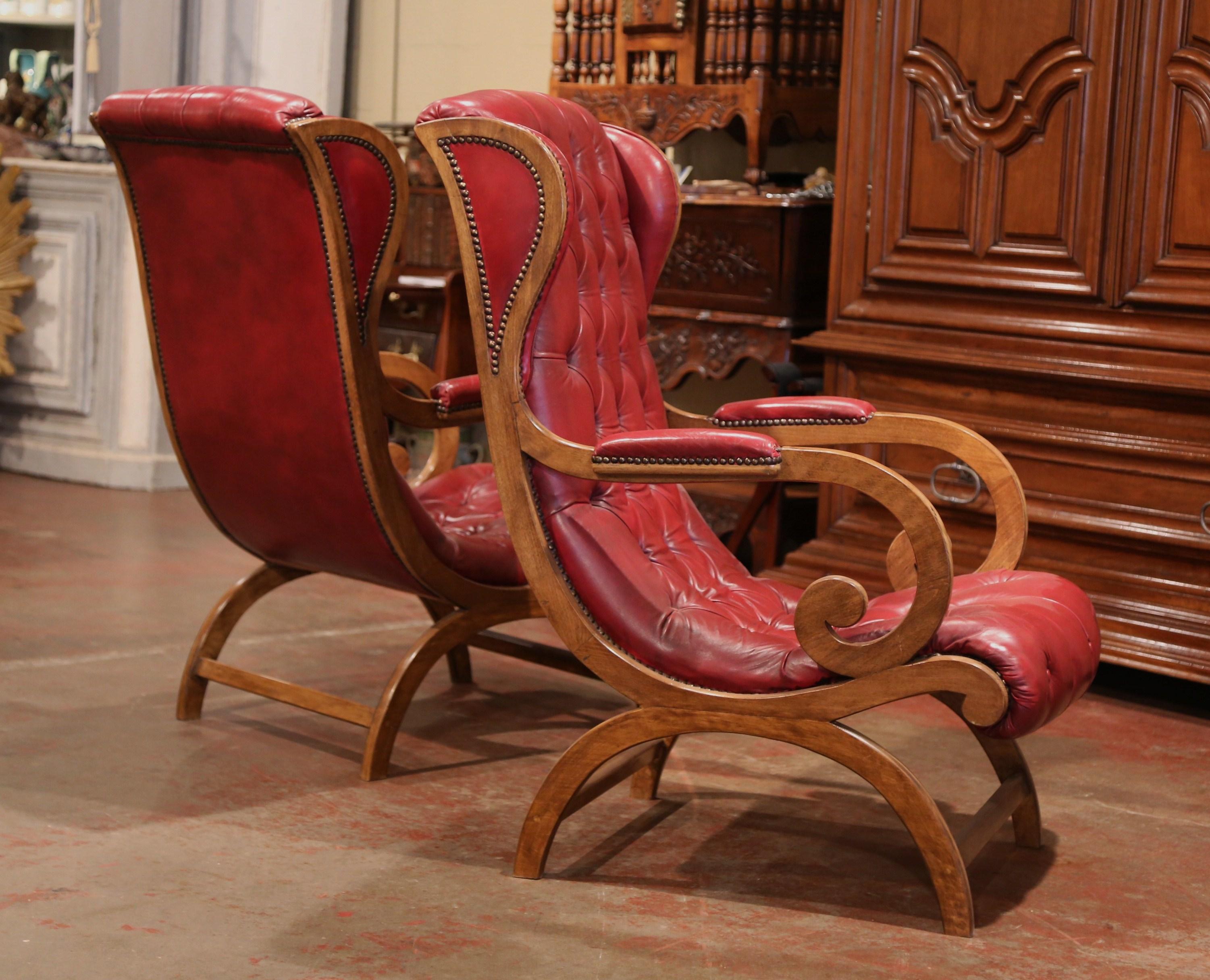 Pair of Midcentury French Carved Walnut Armchairs with Original Red Leather 3