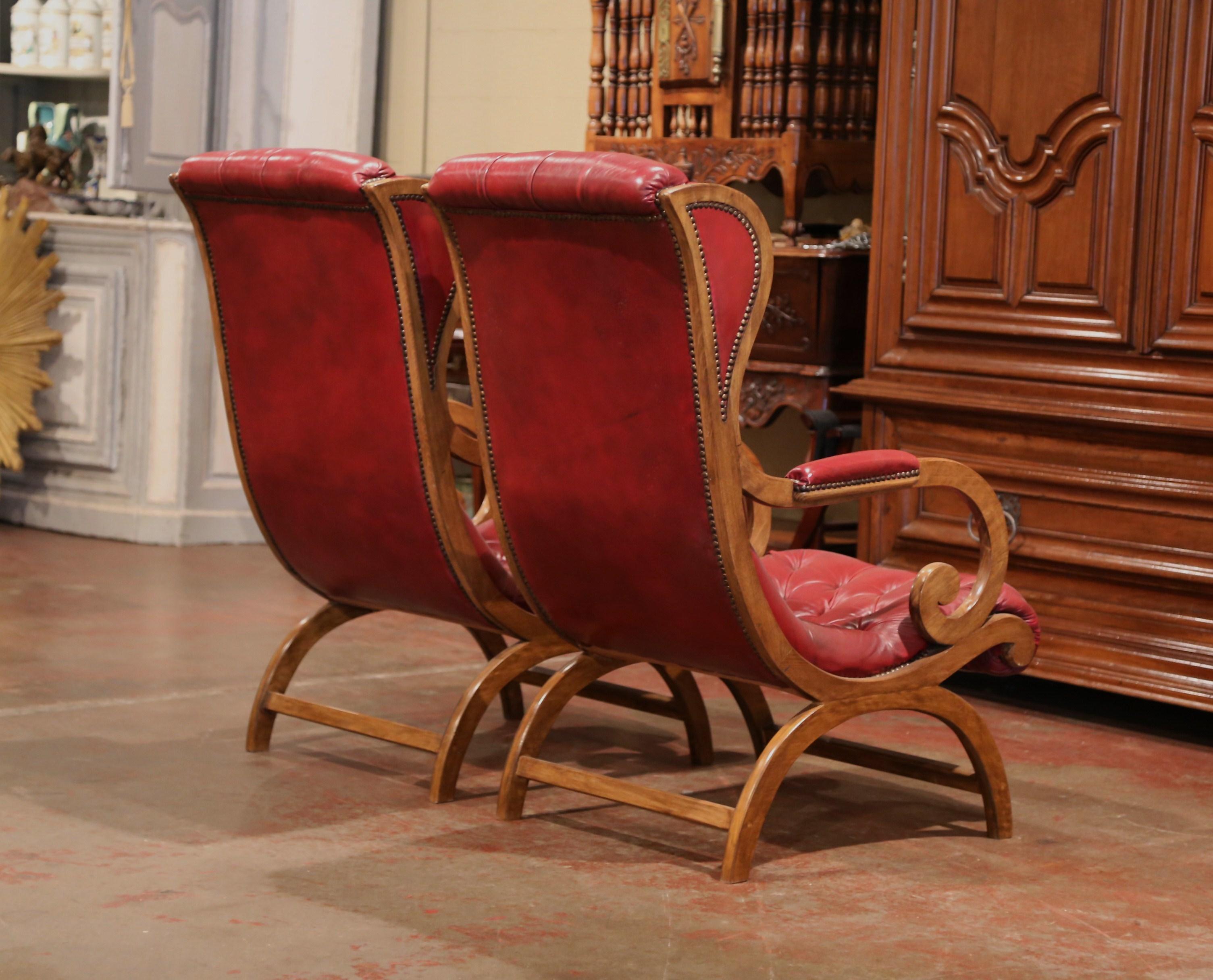 Pair of Midcentury French Carved Walnut Armchairs with Original Red Leather 4