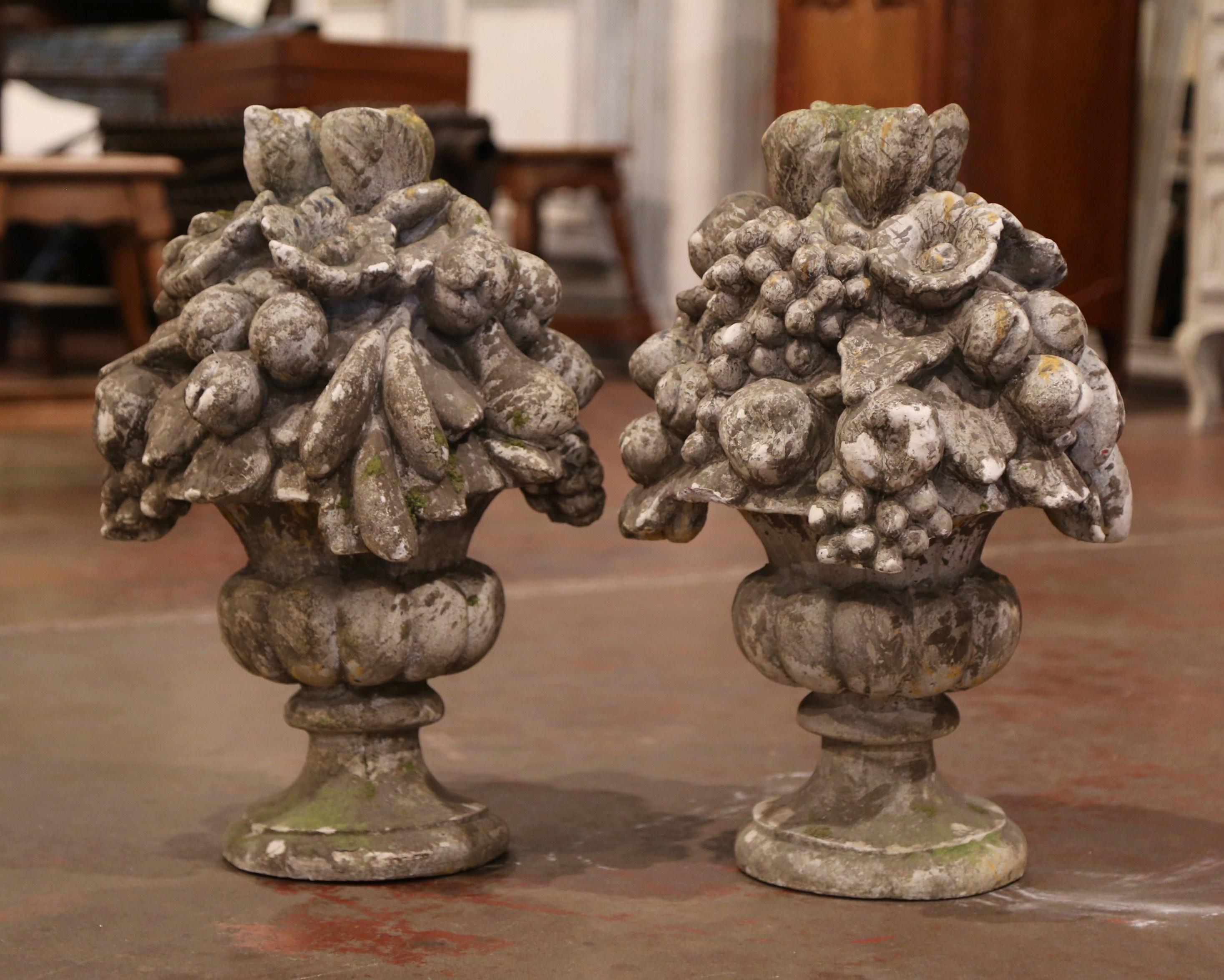 Hand-Carved Pair of Midcentury French Carved Weathered Outdoor Vases with Fruit Decor