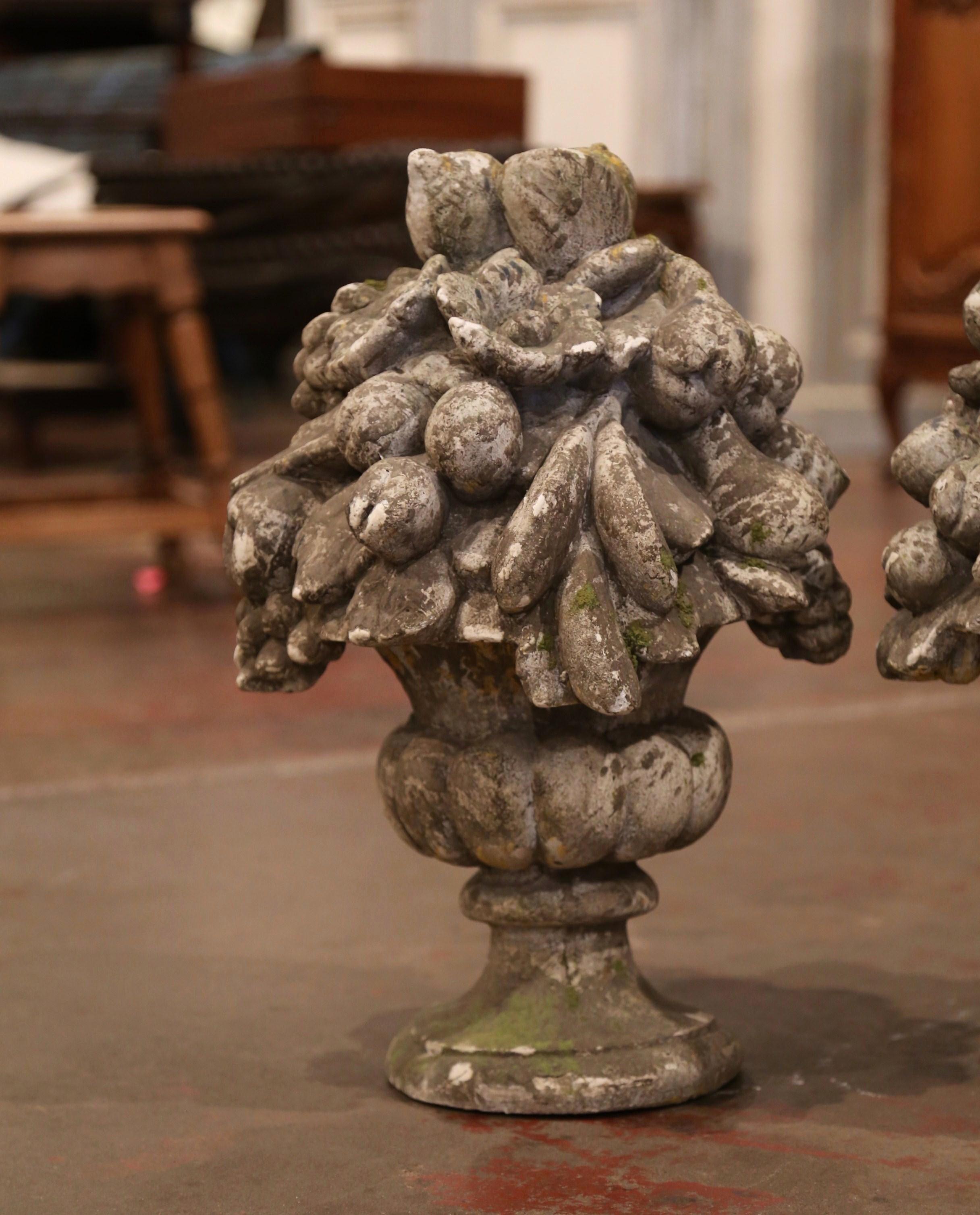 Pair of Midcentury French Carved Weathered Outdoor Vases with Fruit Decor In Excellent Condition In Dallas, TX