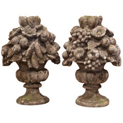 Pair of Midcentury French Carved Weathered Outdoor Vases with Fruit Decor