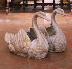 Pair of Mid-Century French Cast Metal Swan Garden Planters with Patina and Gilt