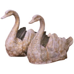 Pair of Mid-Century French Cast Metal Swan Garden Planters with Patina and Gilt