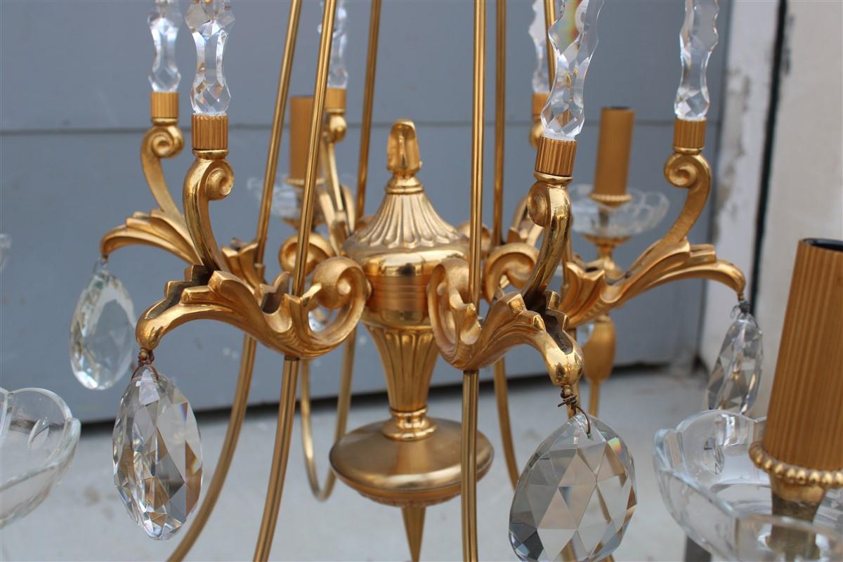 Italian Pair of Midcentury French Chandeliers in Crystal Maison Jansen 24kt Gold For Sale
