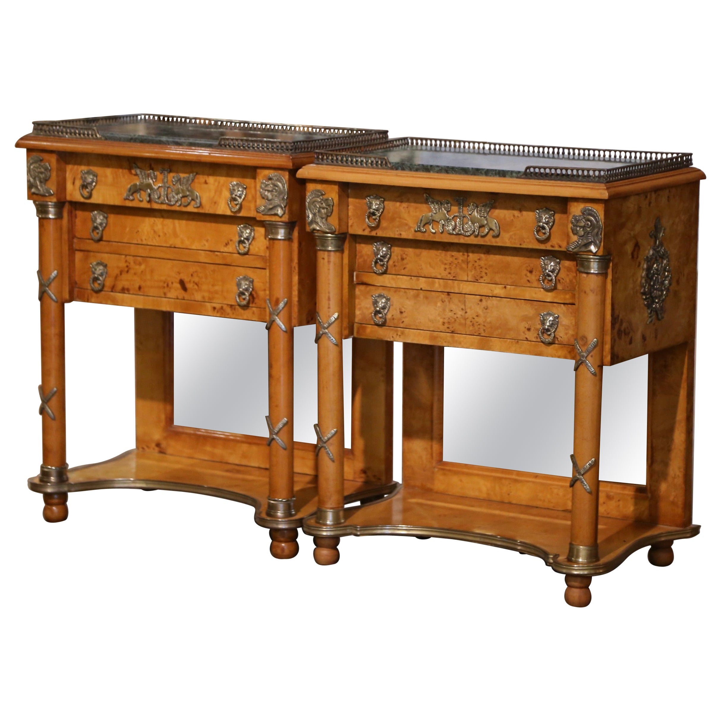 Pair of Mid-Century French Charles X Marble Top and Elm Three-Drawer Nightstands