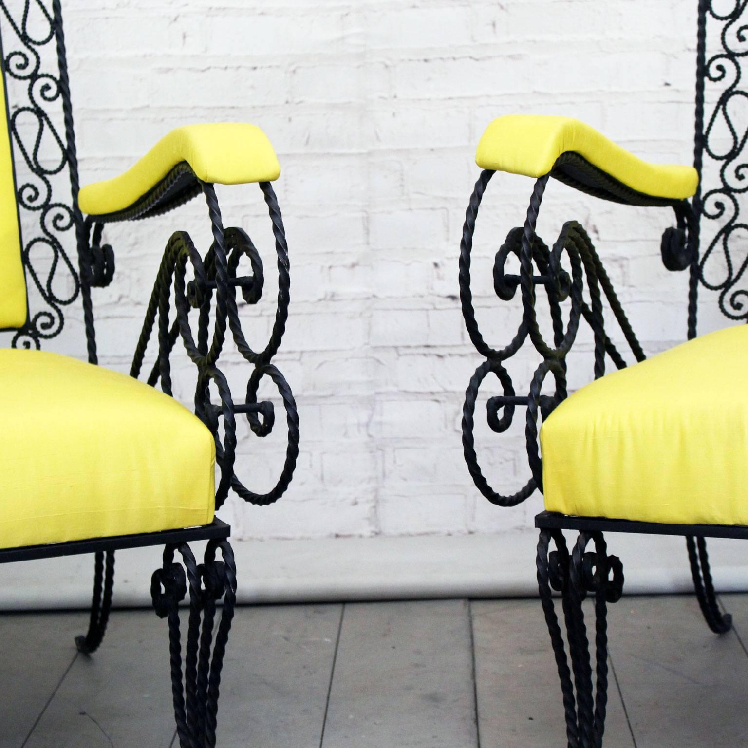 Pair of Mid Century French Decorative Black Wrought Iron 1950s Armchairs For Sale 1