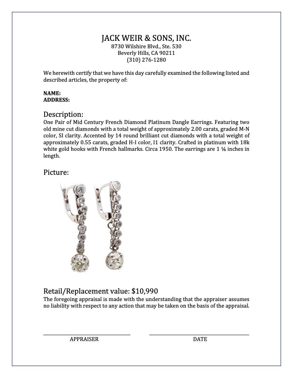 Pair of Midcentury French Diamond Platinum Dangle Earrings 2