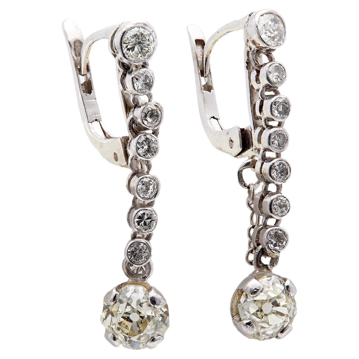 Pair of Midcentury French Diamond Platinum Dangle Earrings
