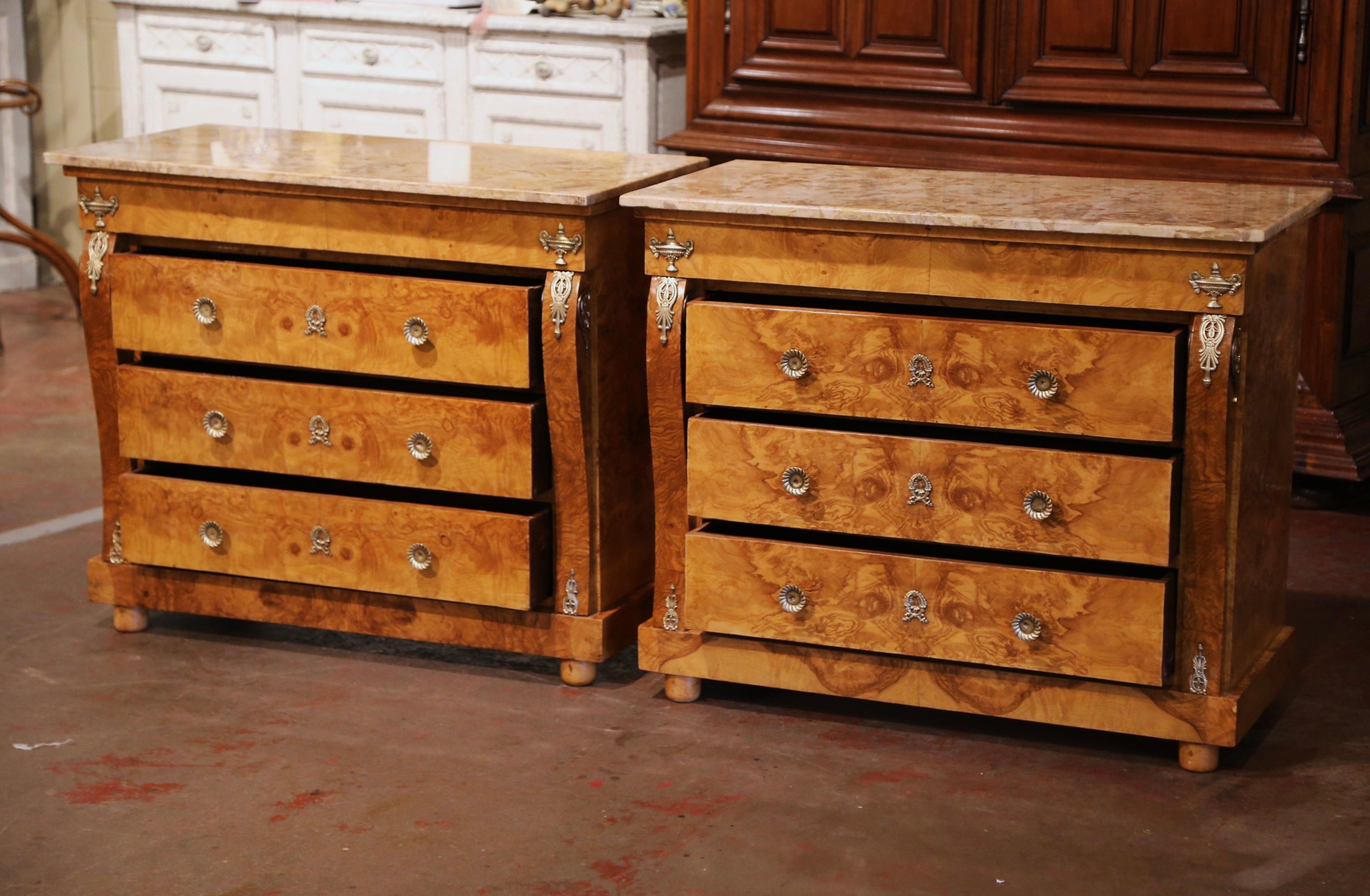 Pair of Mid-Century French Empire Burl Elm and Marble Top Chest of Drawers 5