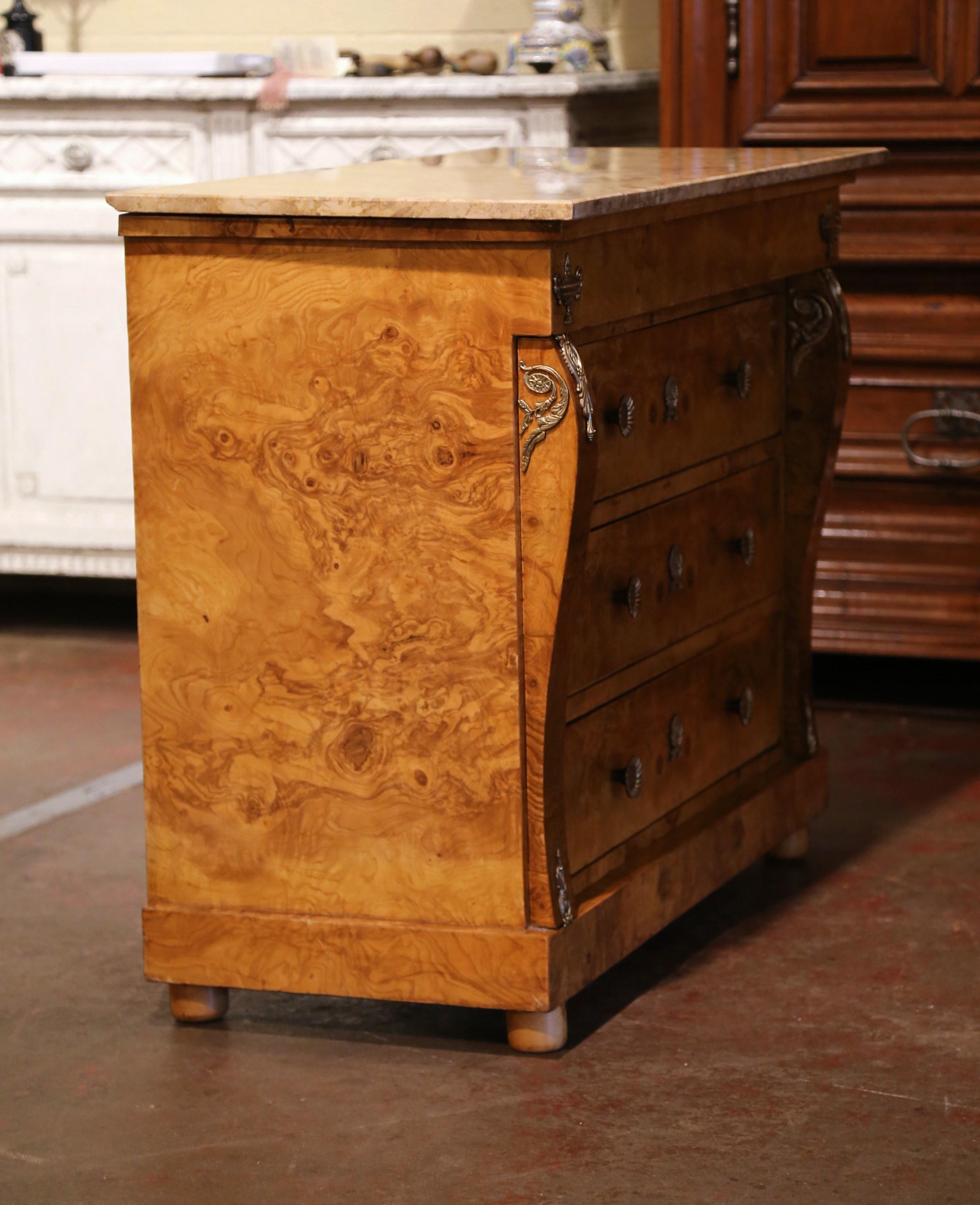Pair of Mid-Century French Empire Burl Elm and Marble Top Chest of Drawers 6