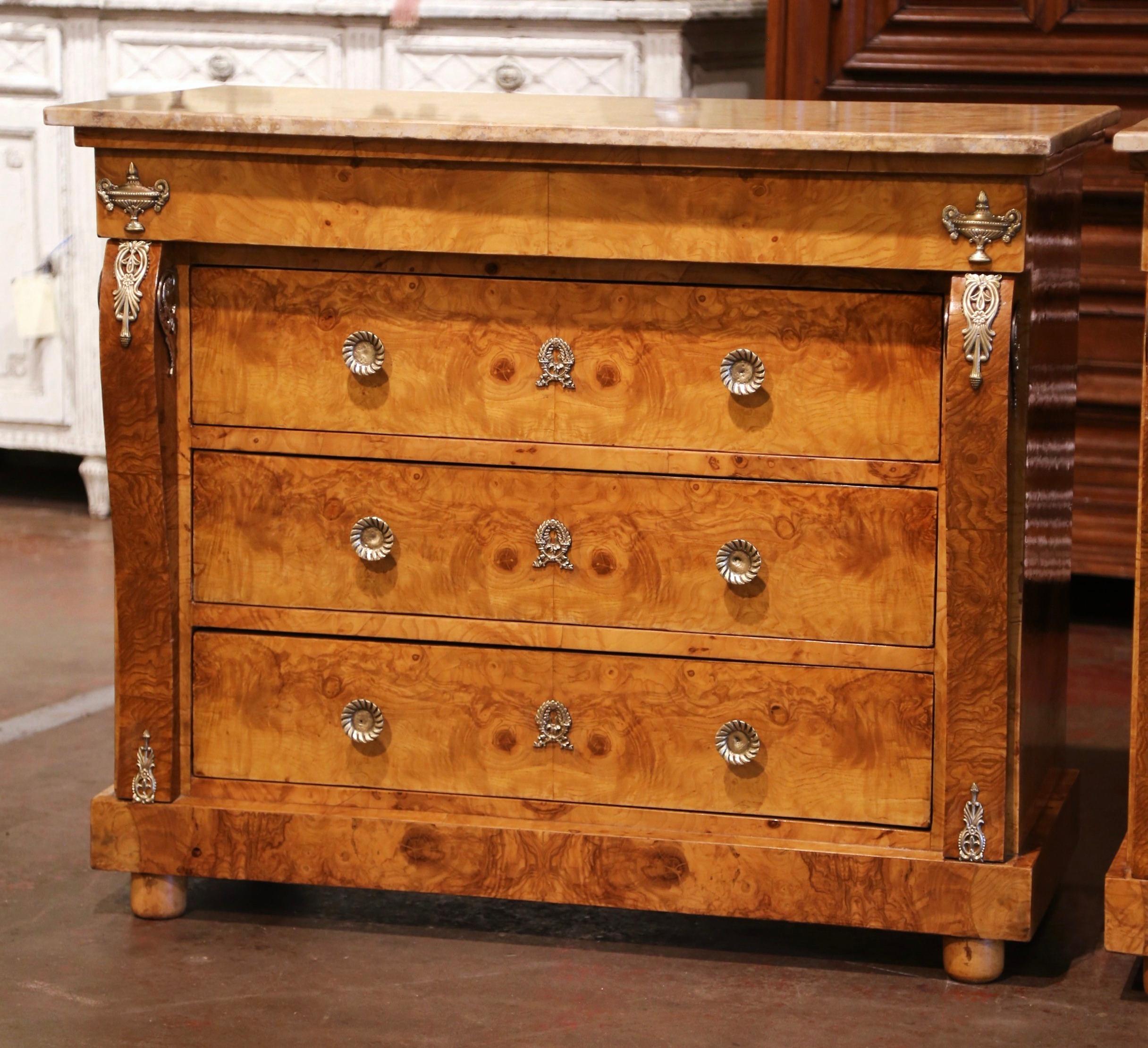 Hand-Carved Pair of Mid-Century French Empire Burl Elm and Marble Top Chest of Drawers