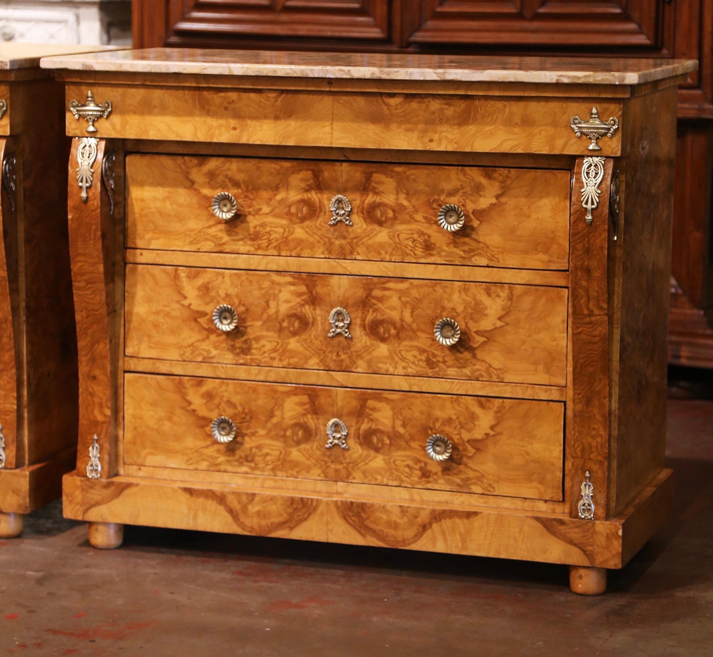Pair of Mid-Century French Empire Burl Elm and Marble Top Chest of Drawers In Excellent Condition In Dallas, TX