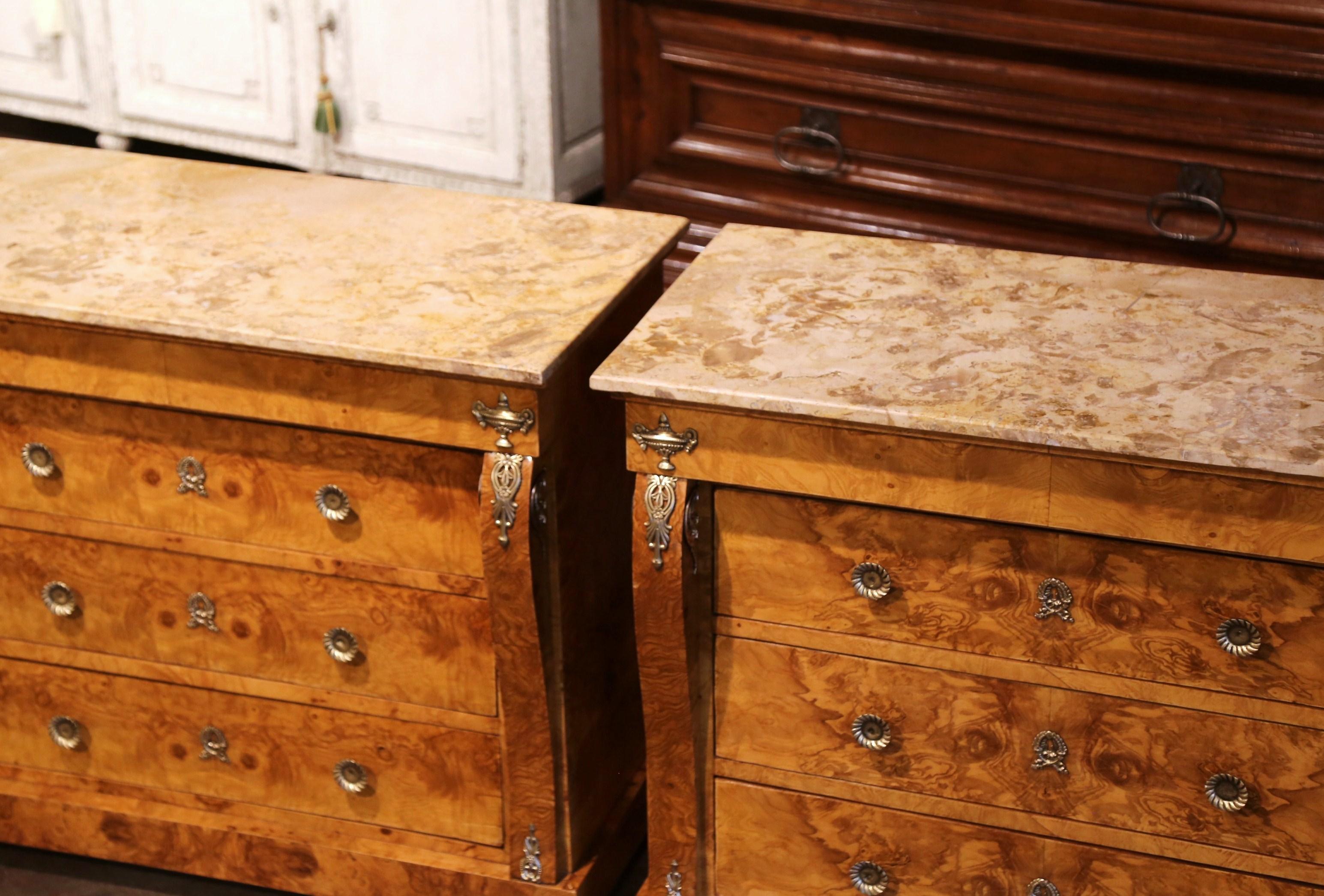 20th Century Pair of Mid-Century French Empire Burl Elm and Marble Top Chest of Drawers