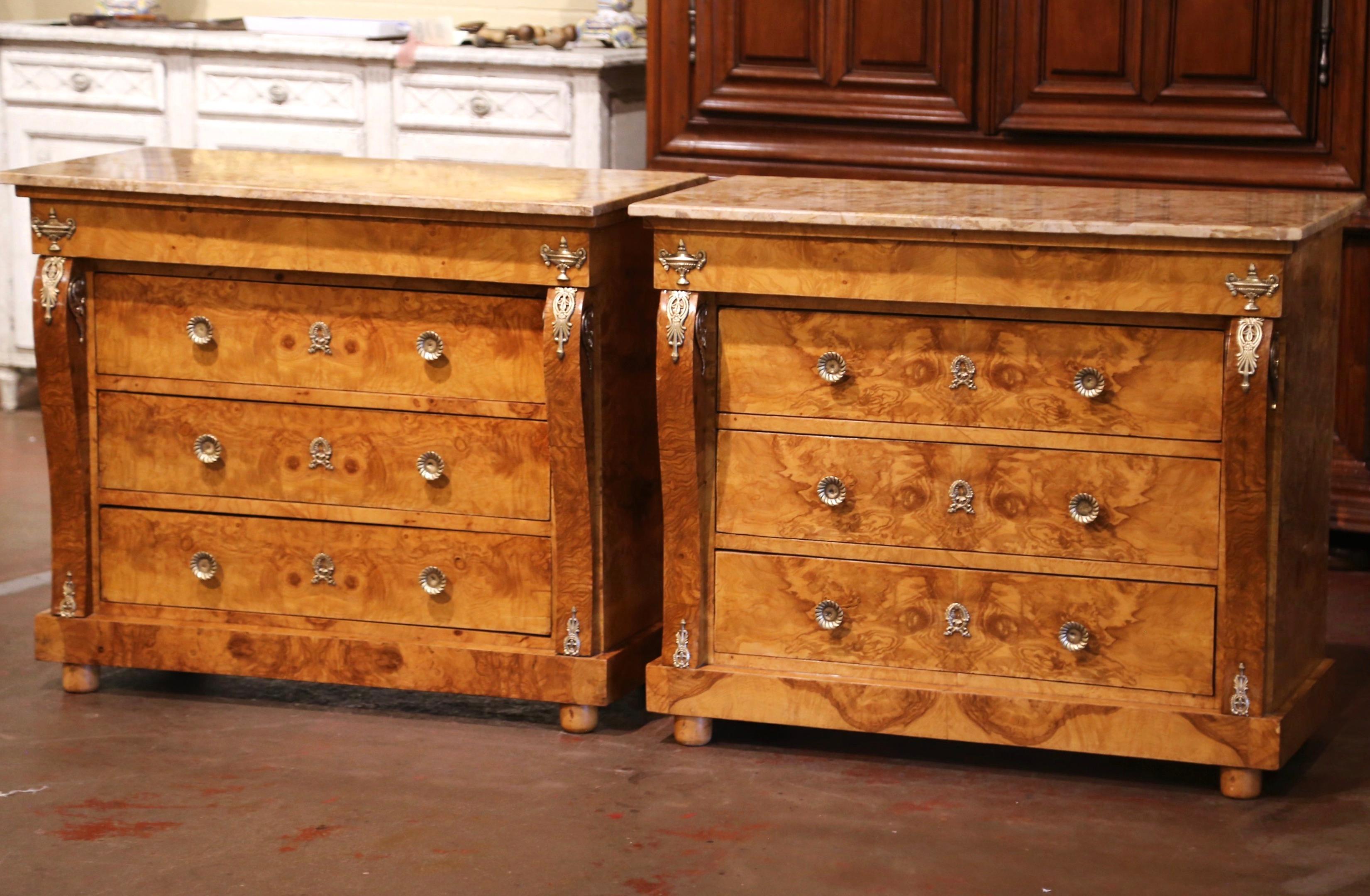 Pair of Mid-Century French Empire Burl Elm and Marble Top Chest of Drawers 1