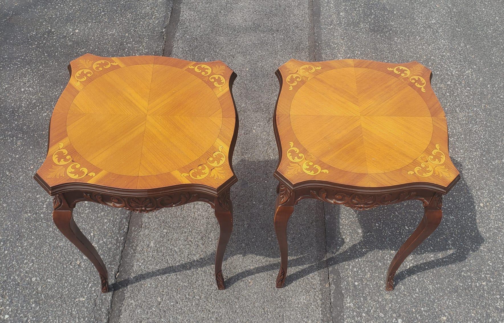 A Pair of Mid-Century French Empire Style Carved Walnut and Marquetry Side Tables in good vintage and sturdy condition. Measure 17.5