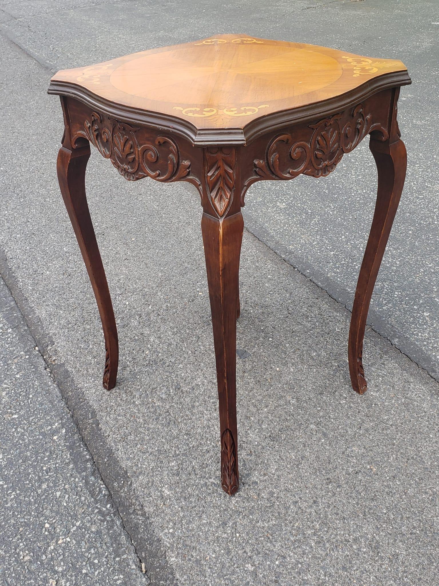 Louis XIV Pair of Mid-Century French Empire Style Carved Walnut and Marquetry Side Tables For Sale