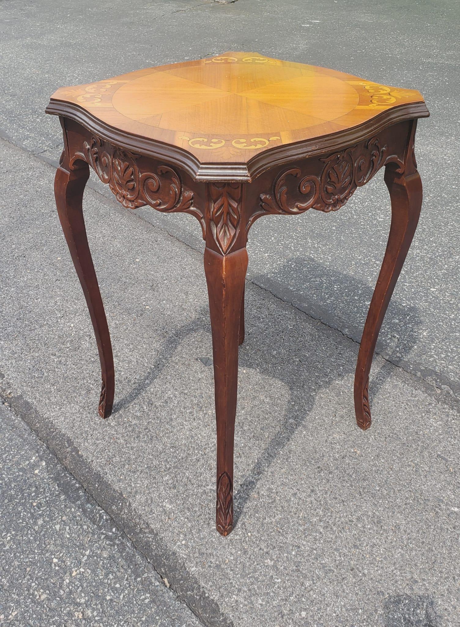 Unknown Pair of Mid-Century French Empire Style Carved Walnut and Marquetry Side Tables For Sale