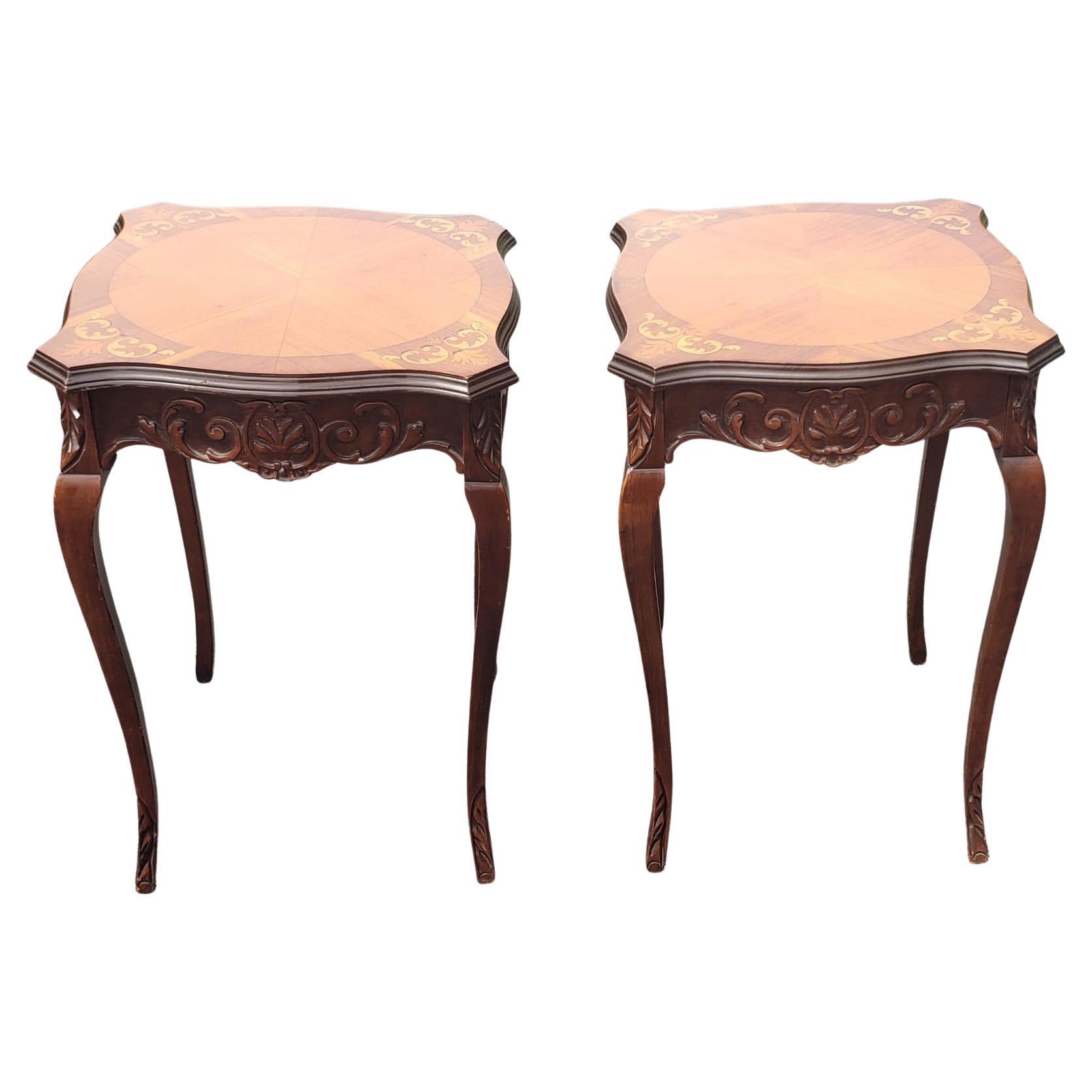 20th Century Pair of Mid-Century French Empire Style Carved Walnut and Marquetry Side Tables For Sale
