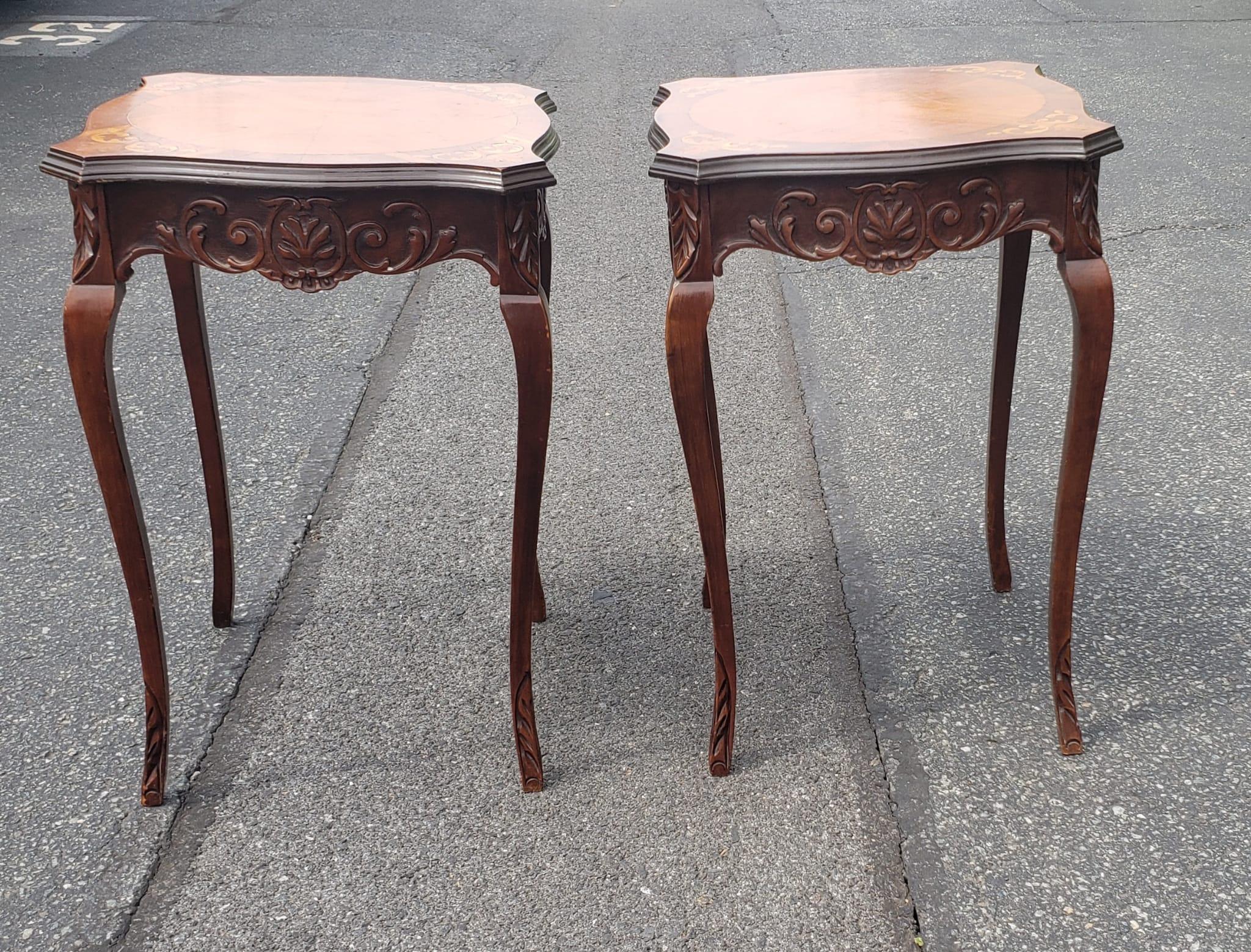 Fruitwood Pair of Mid-Century French Empire Style Carved Walnut and Marquetry Side Tables For Sale