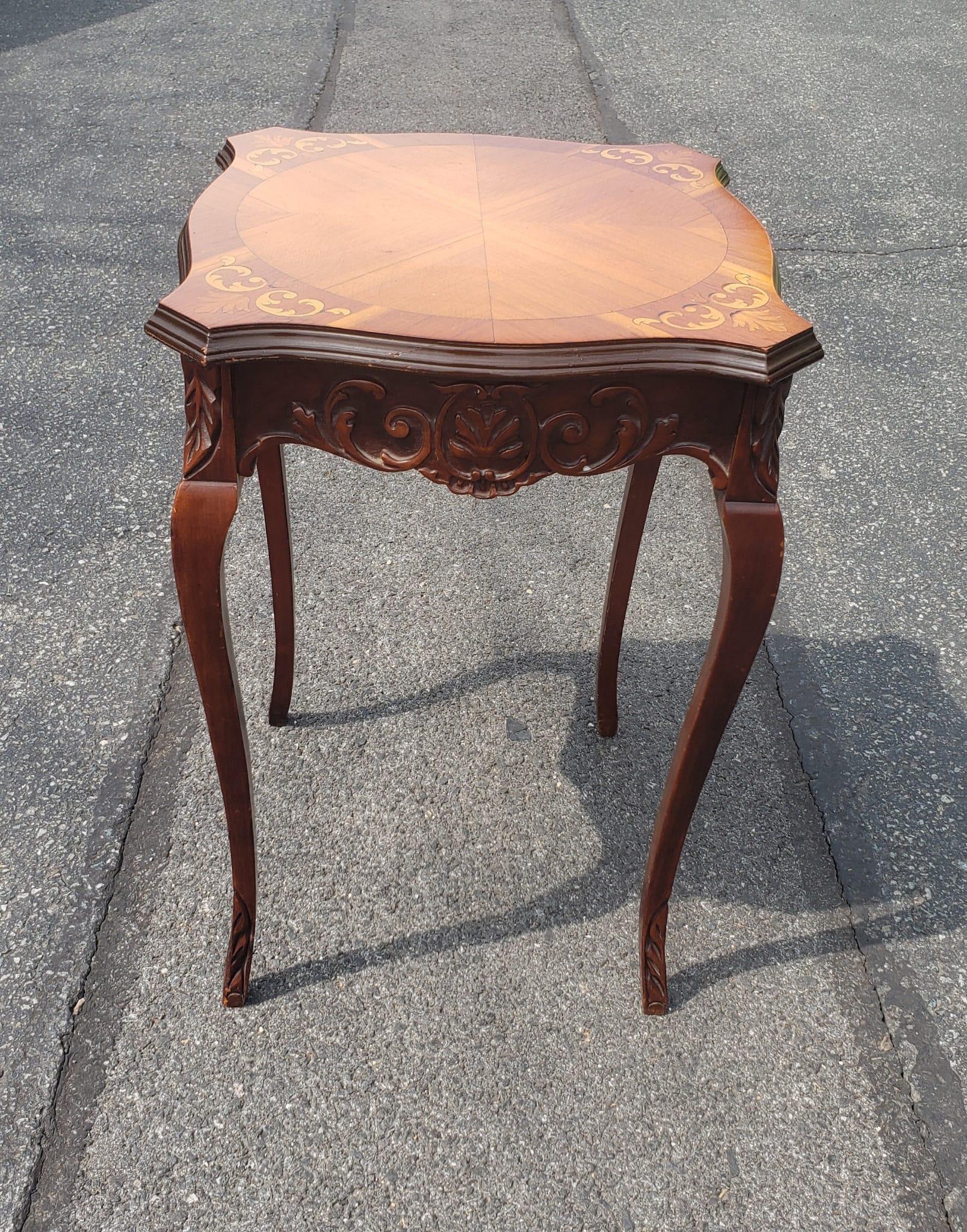 Pair of Mid-Century French Empire Style Carved Walnut and Marquetry Side Tables For Sale 1