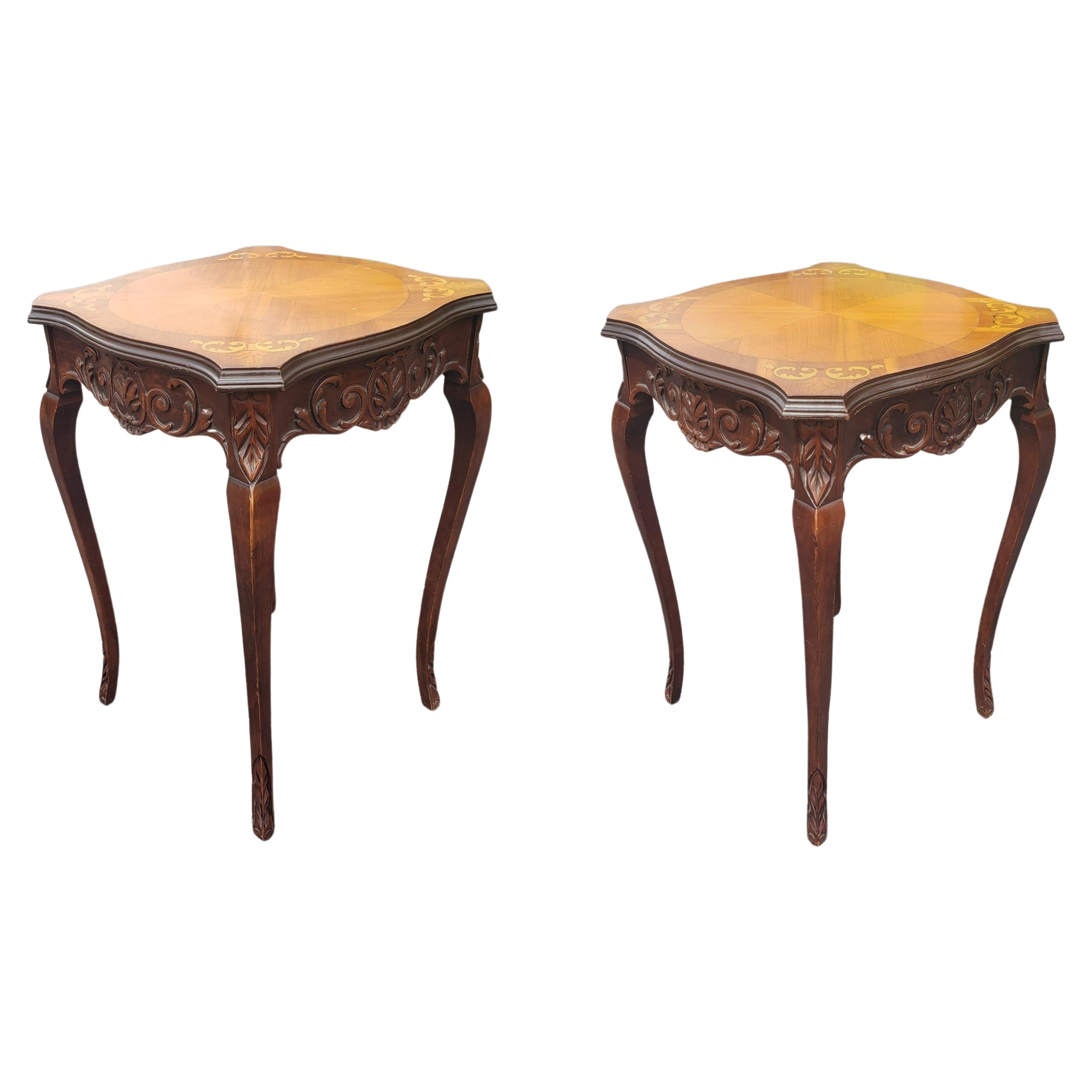 Pair of Mid-Century French Empire Style Carved Walnut and Marquetry Side Tables