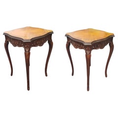 Vintage Pair of Mid-Century French Empire Style Carved Walnut and Marquetry Side Tables
