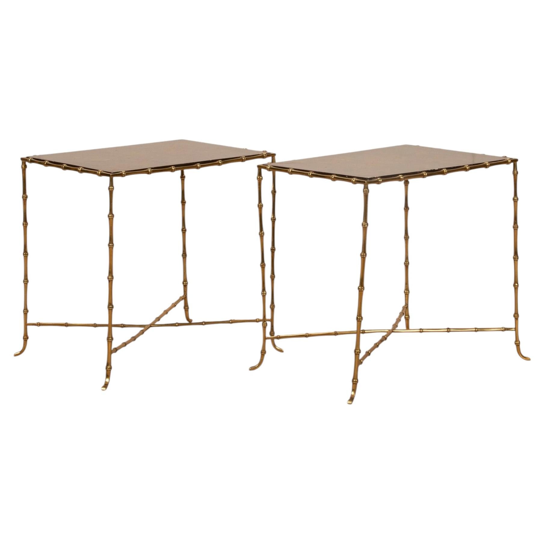 Pair of Mid-Century French Faux Bamboo Tables with Lacquer Tops