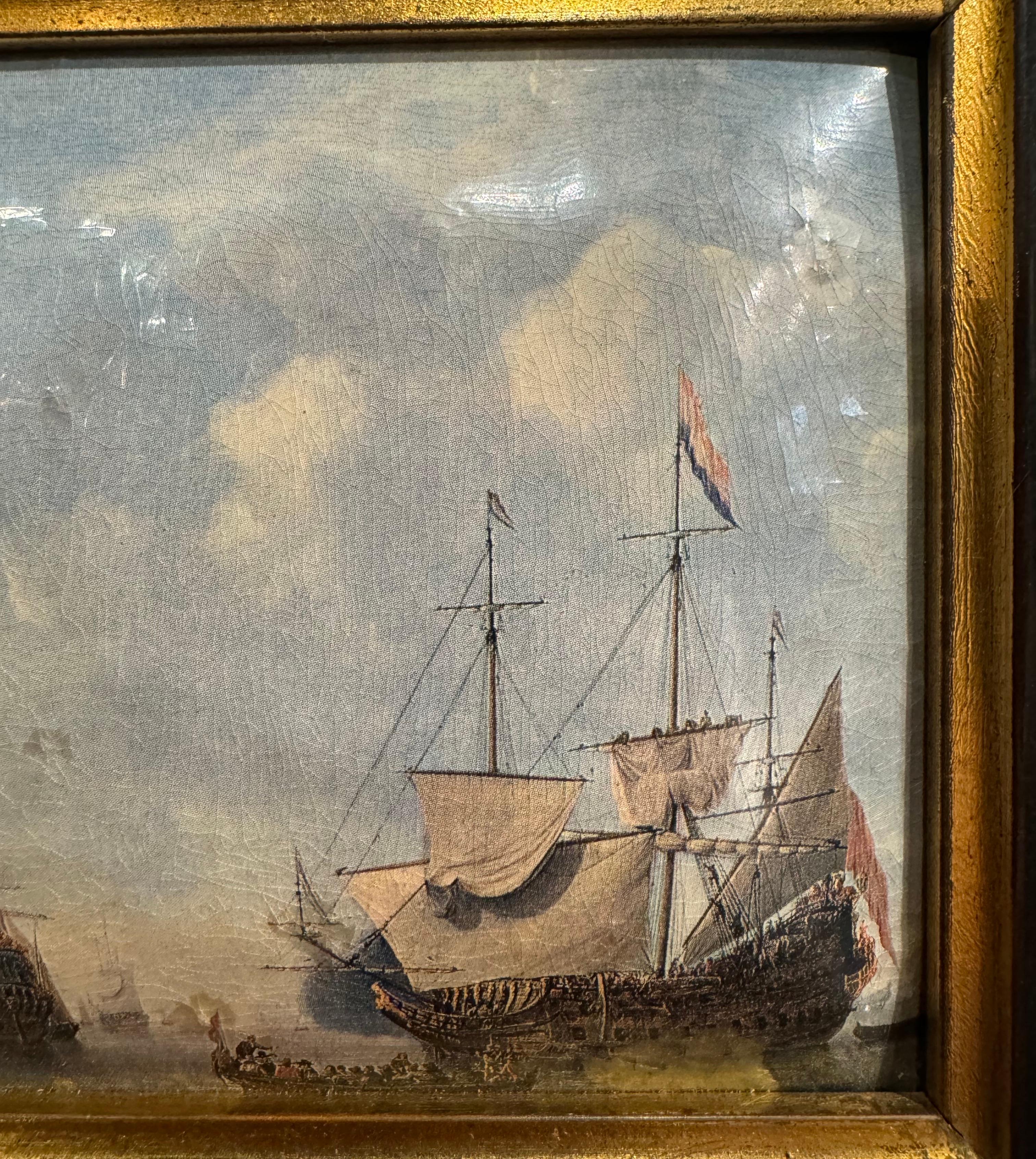 Pair of Mid-Century French Framed Nautical Paintings After W. Van de Velde For Sale 5