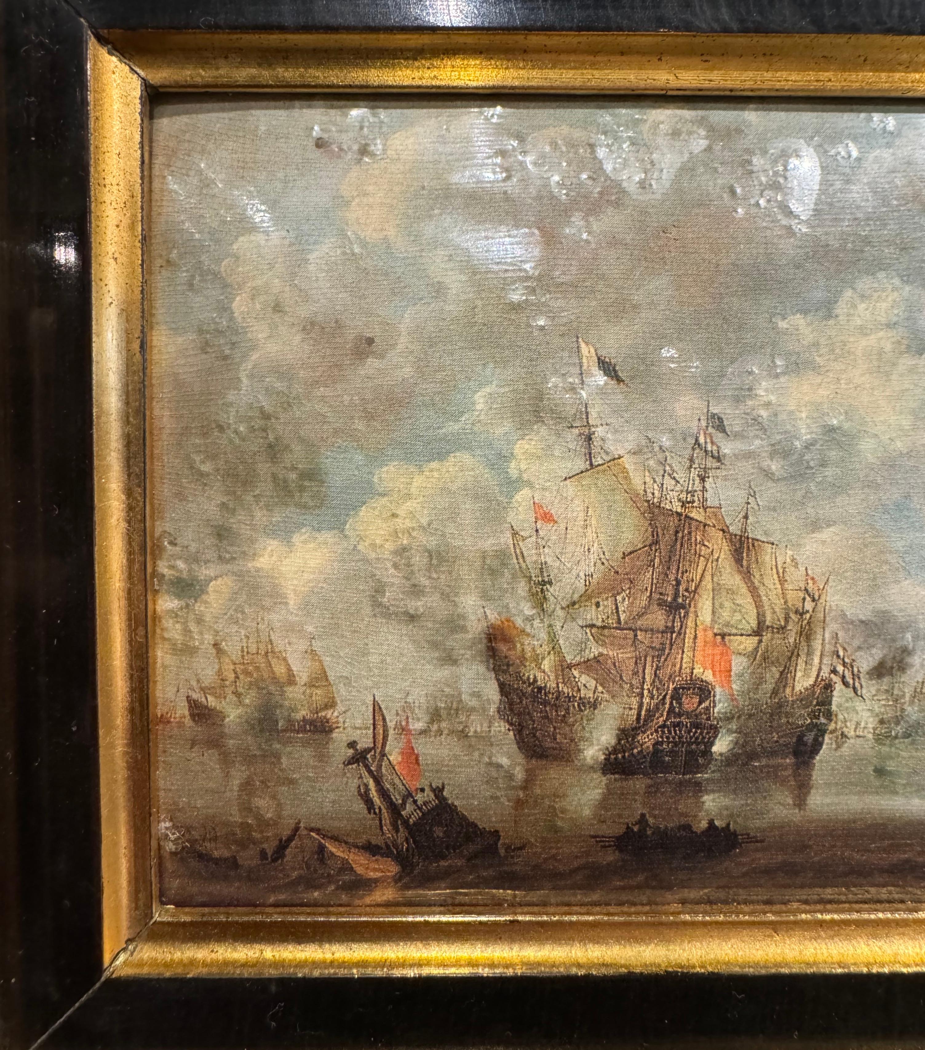 Pair of Mid-Century French Framed Nautical Paintings After W. Van de Velde For Sale 6