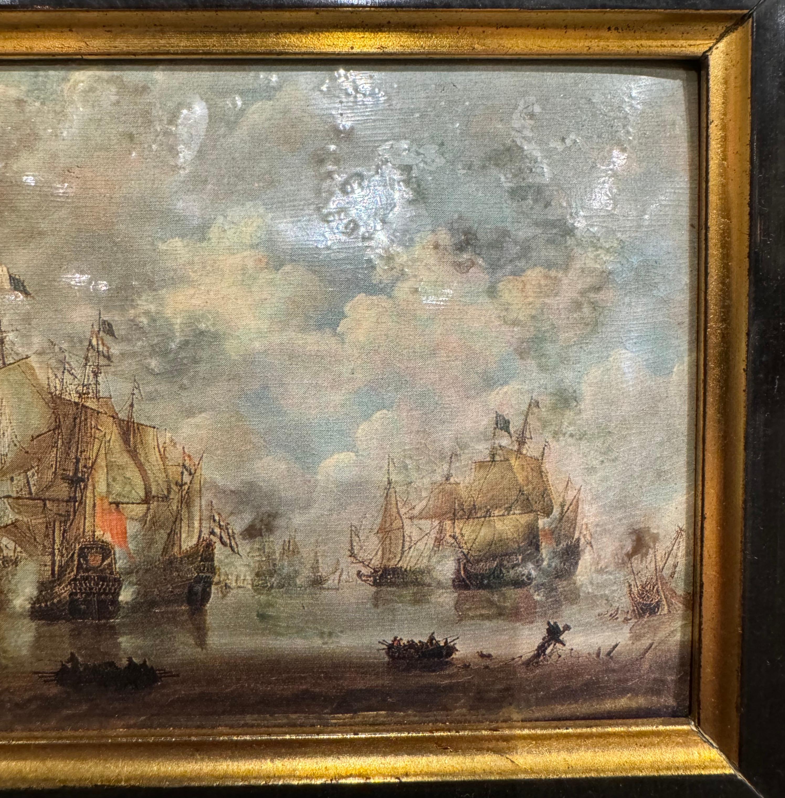 Pair of Mid-Century French Framed Nautical Paintings After W. Van de Velde For Sale 7