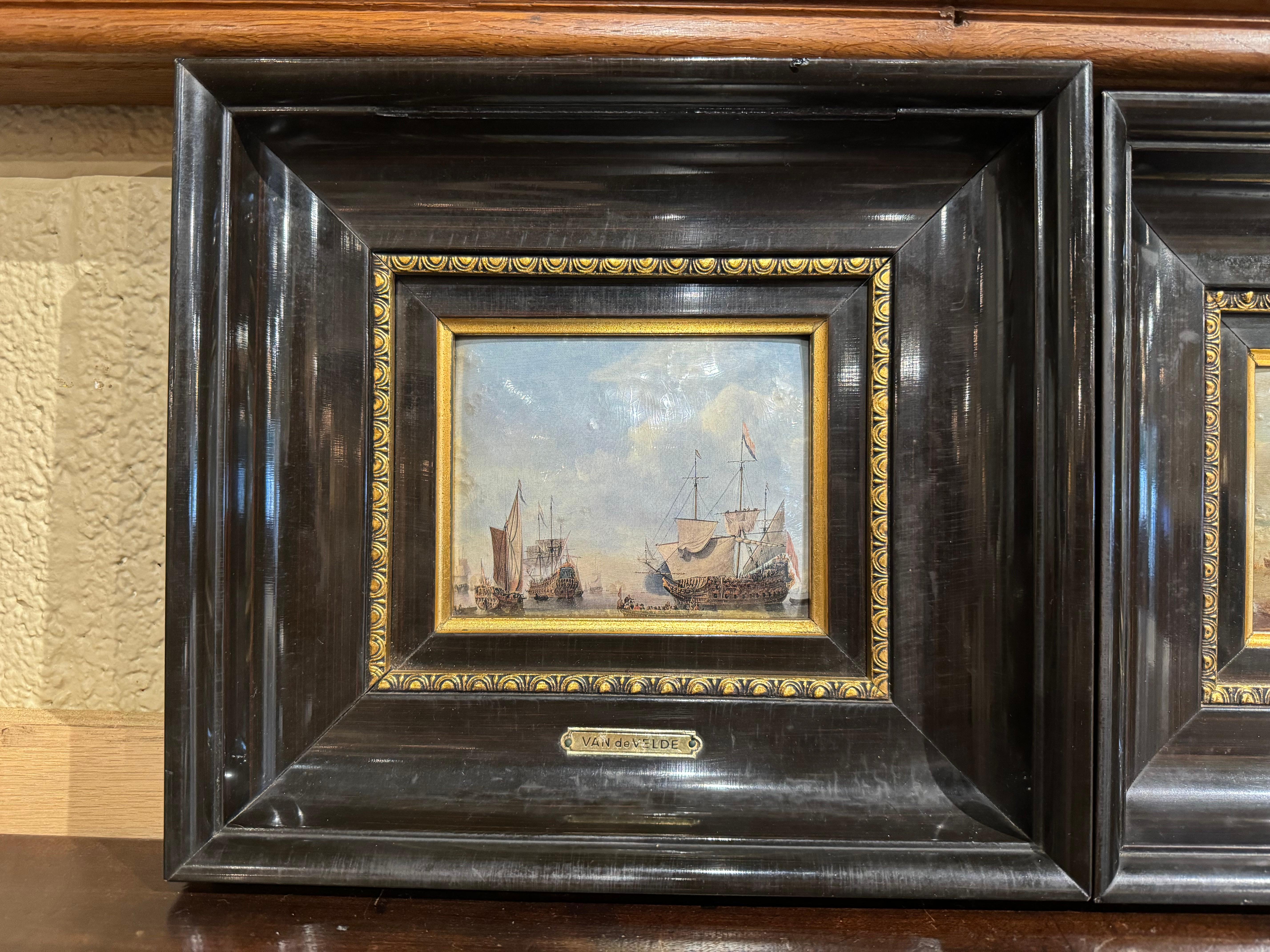 Blackened Pair of Mid-Century French Framed Nautical Paintings After W. Van de Velde For Sale