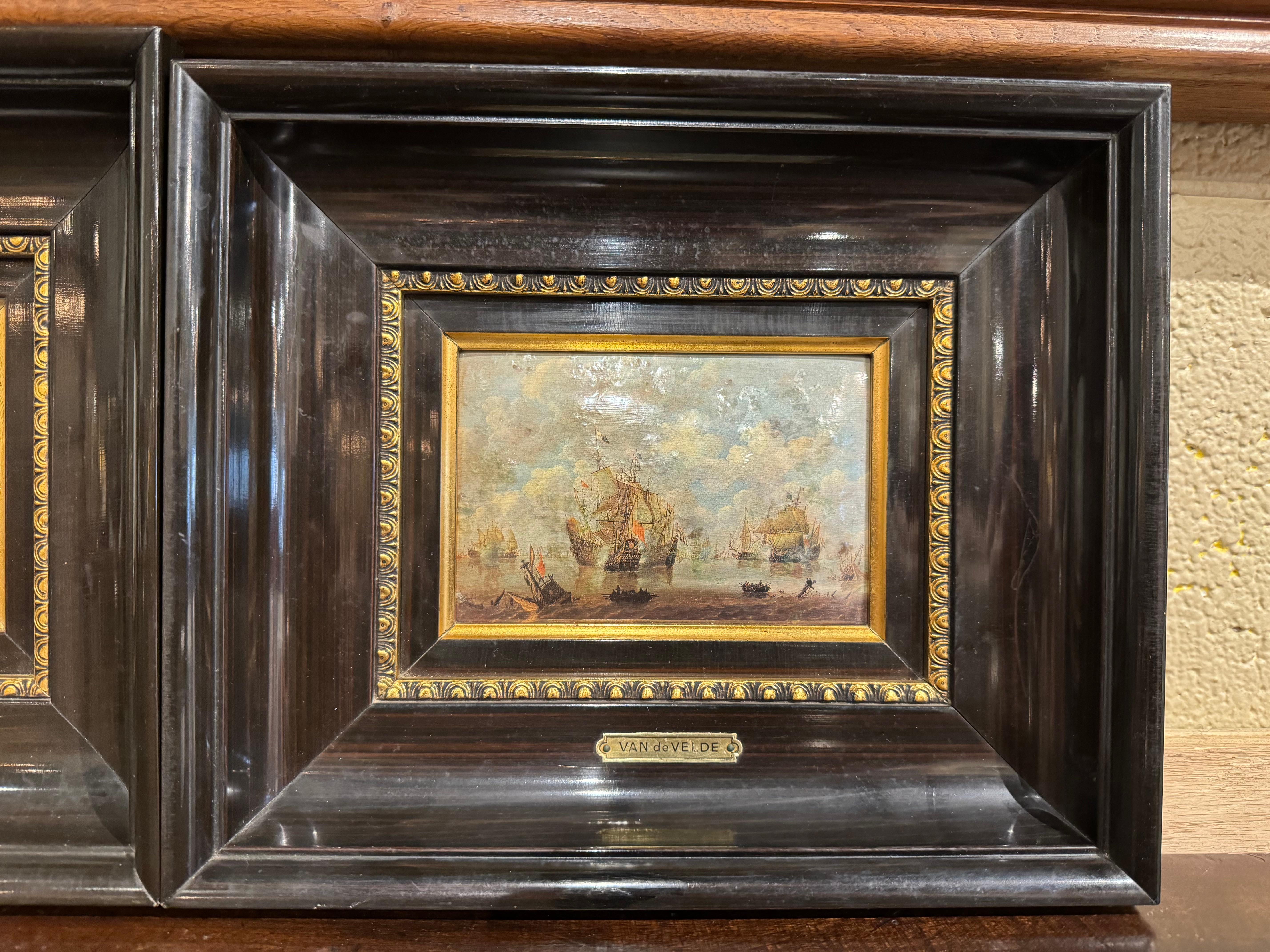Pair of Mid-Century French Framed Nautical Paintings After W. Van de Velde In Excellent Condition For Sale In Dallas, TX