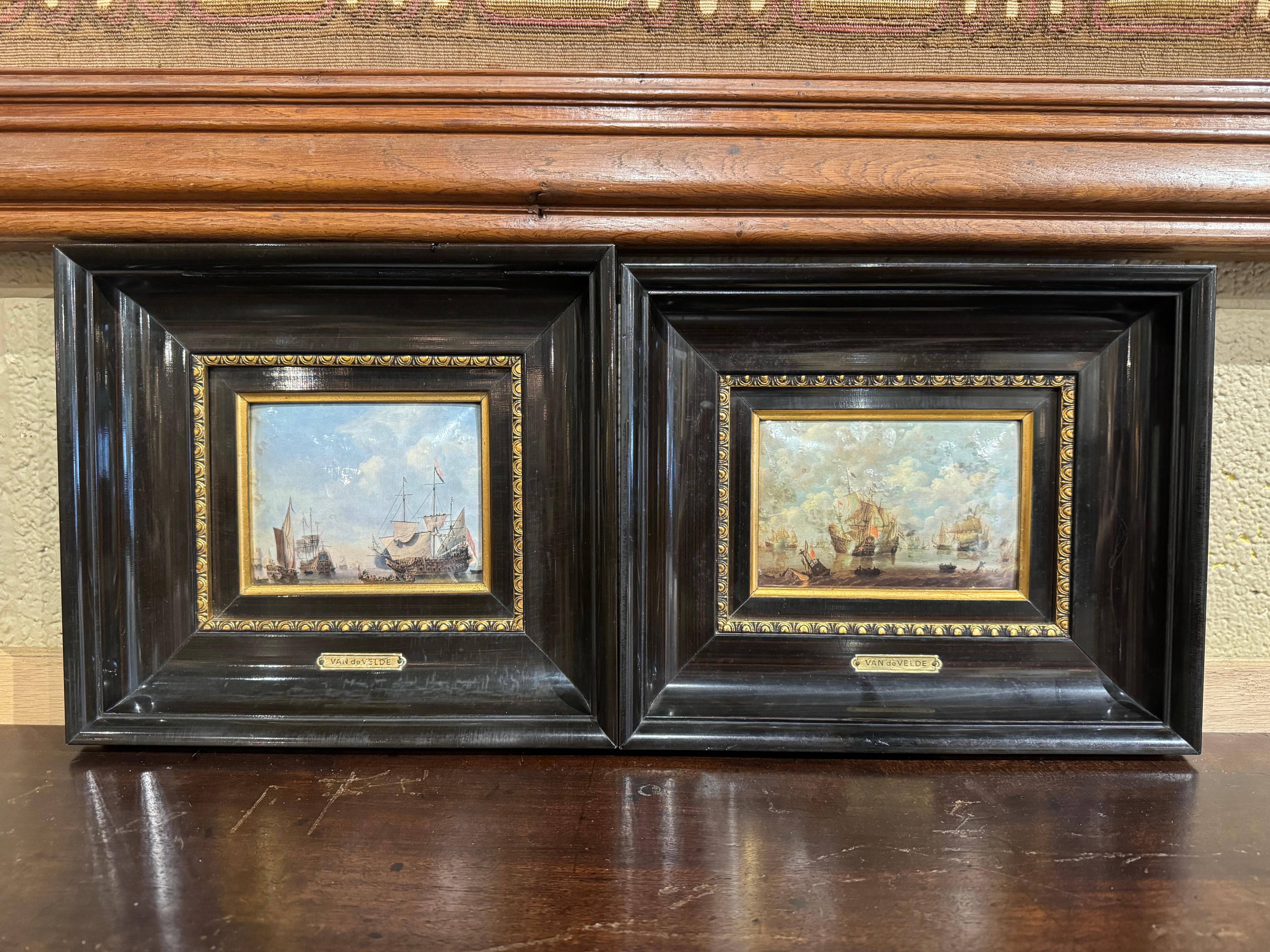 20th Century Pair of Mid-Century French Framed Nautical Paintings After W. Van de Velde For Sale