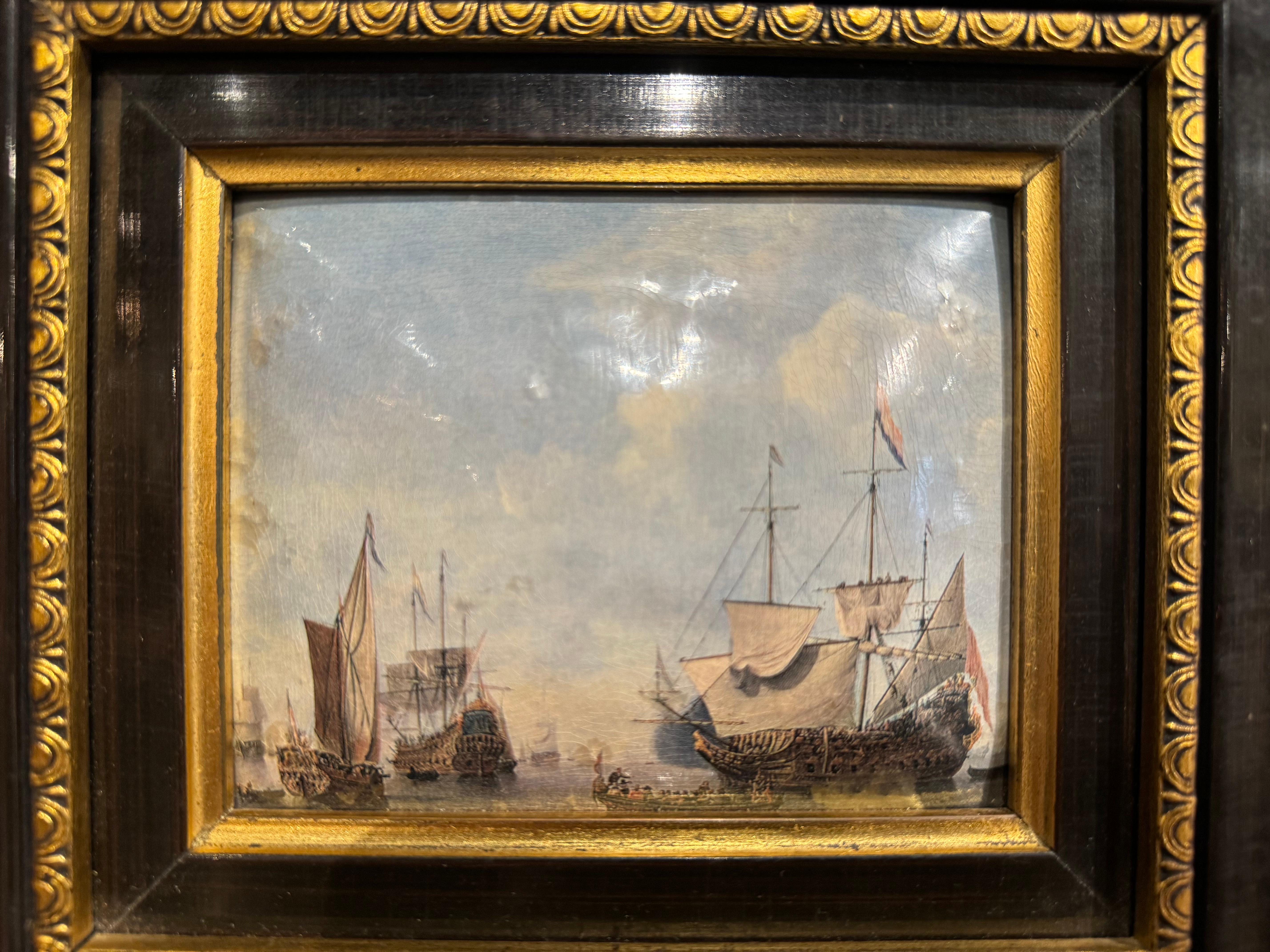 Enamel Pair of Mid-Century French Framed Nautical Paintings After W. Van de Velde For Sale