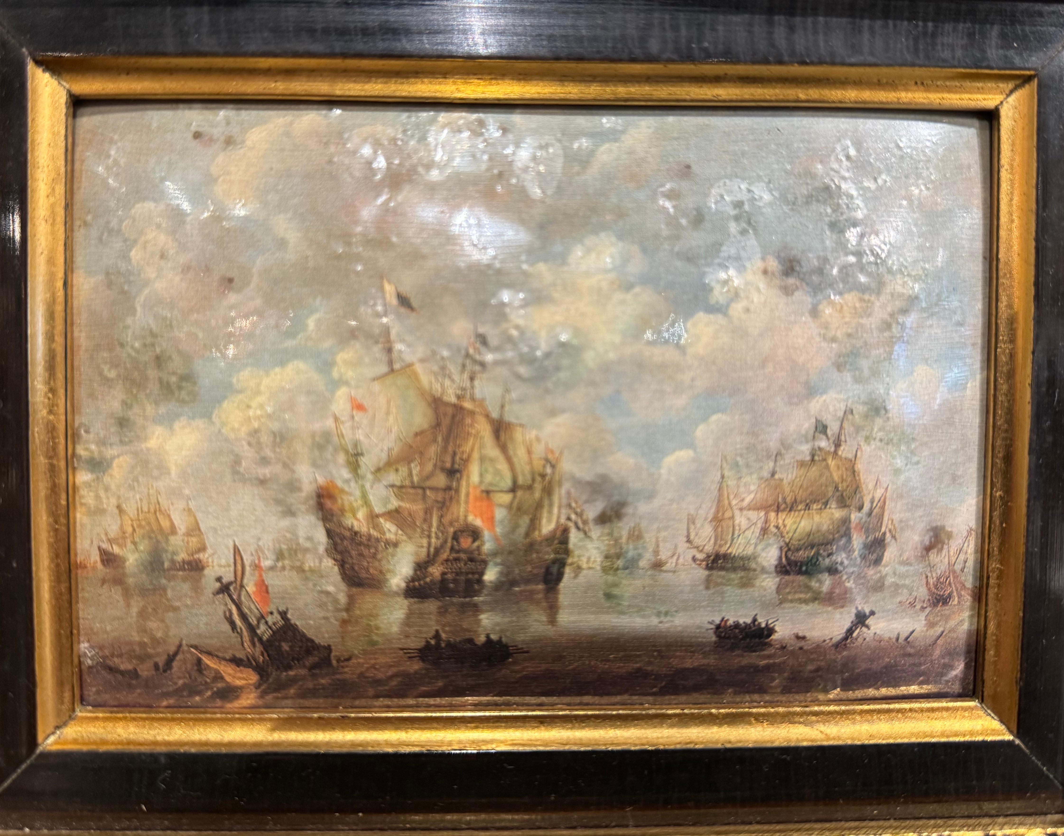 Pair of Mid-Century French Framed Nautical Paintings After W. Van de Velde For Sale 2