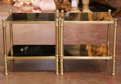 Pair of Mid-Century French Brass and Smoked Glass Two-Tier Side Tables
