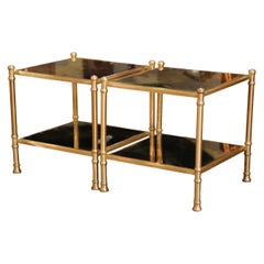 Pair of Mid-Century French Brass and Smoked Glass Two-Tier Side Tables