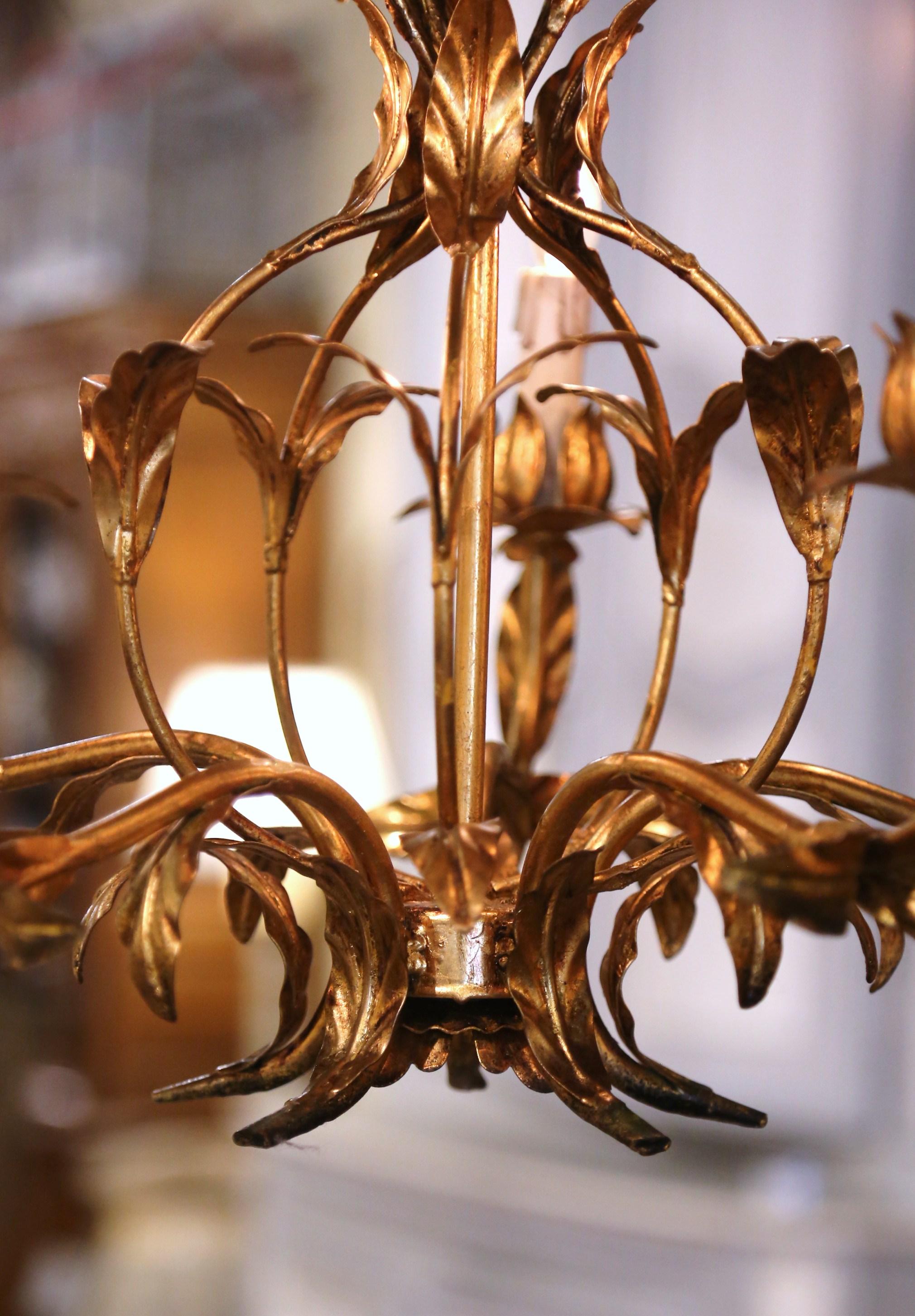 Pair of Mid-Century French Gilt Metal Six-Light Chandeliers with Leaf Motifs In Excellent Condition In Dallas, TX