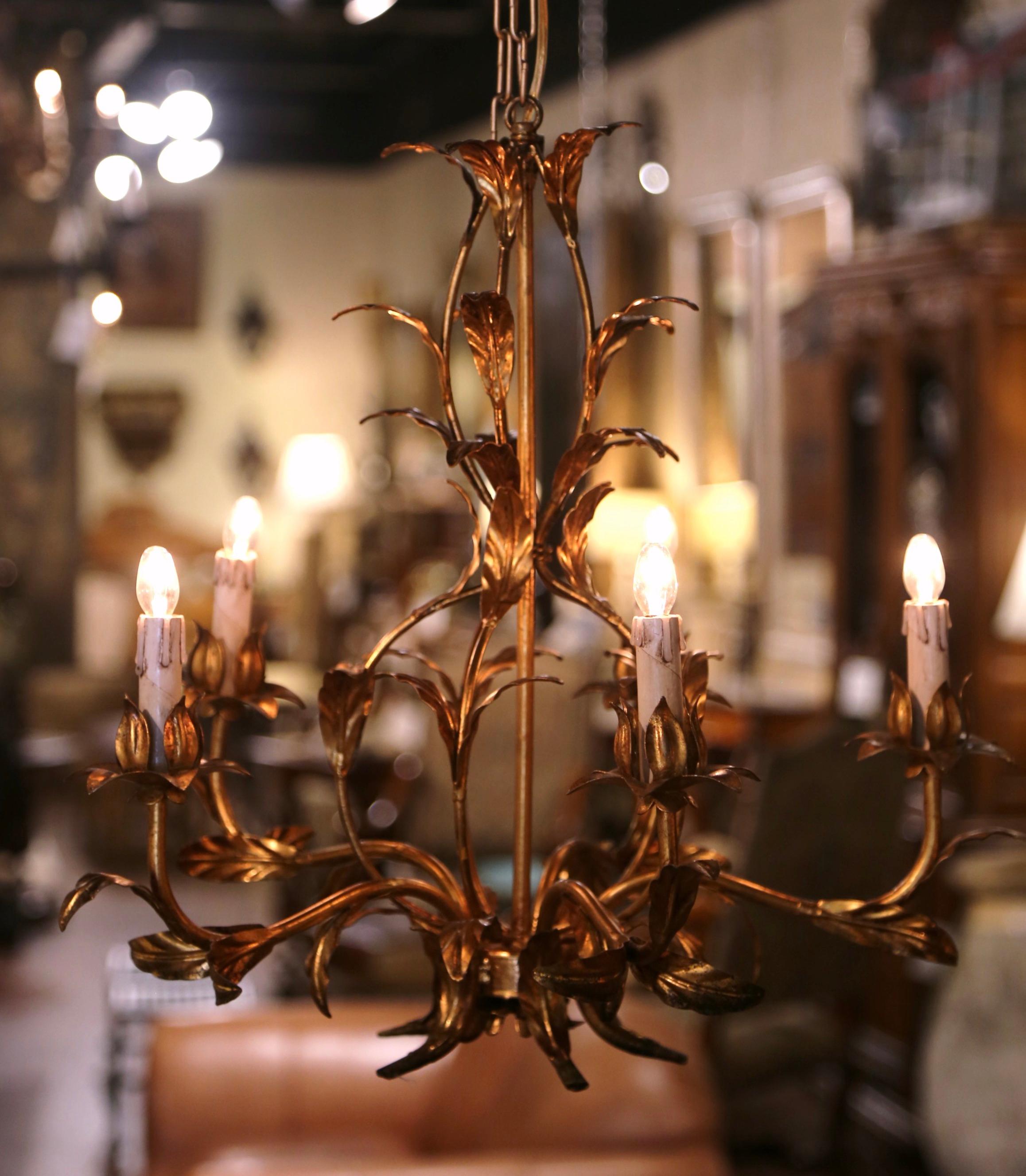 Pair of Mid-Century French Gilt Metal Six-Light Chandeliers with Leaf Motifs 2