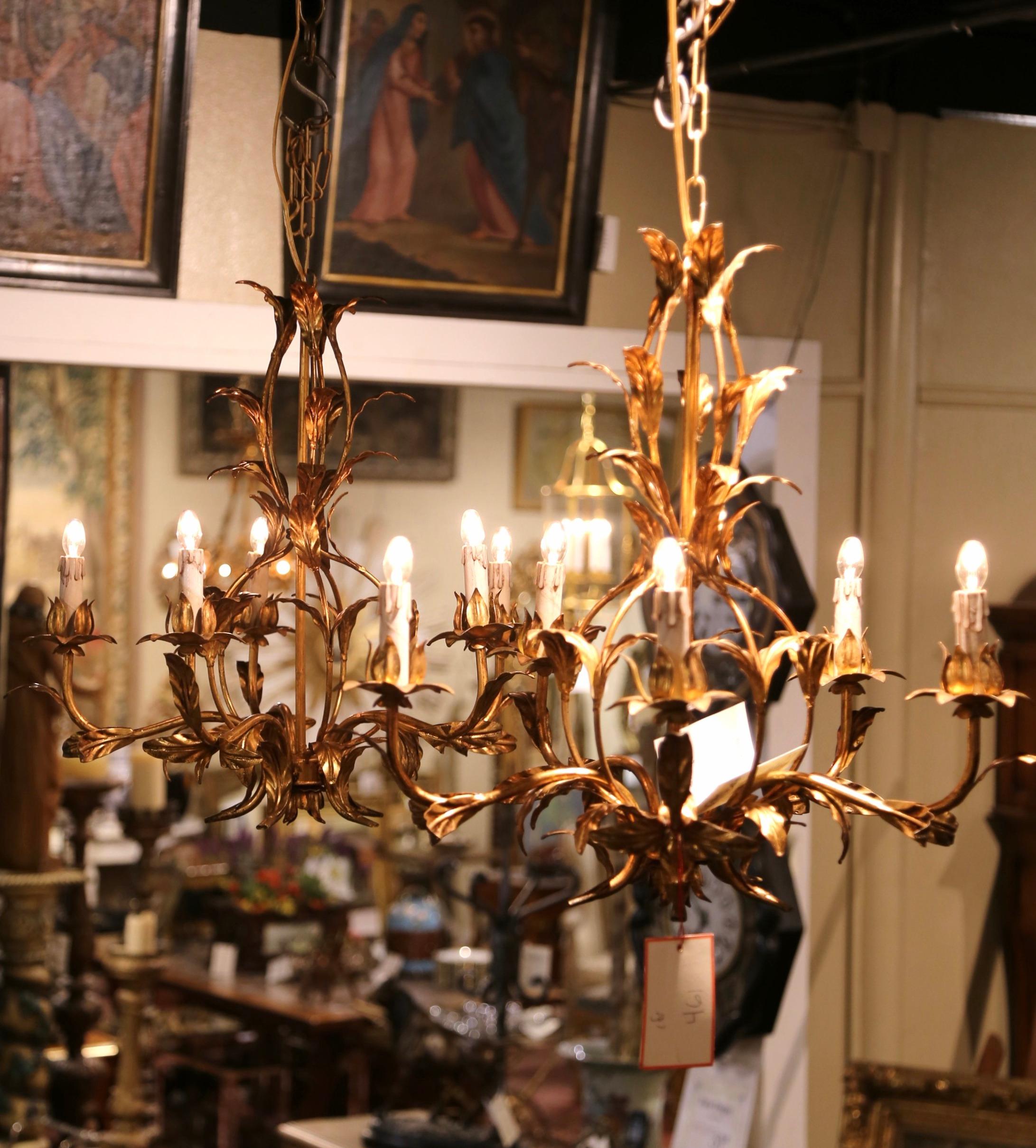 Pair of Mid-Century French Gilt Metal Six-Light Chandeliers with Leaf Motifs 3