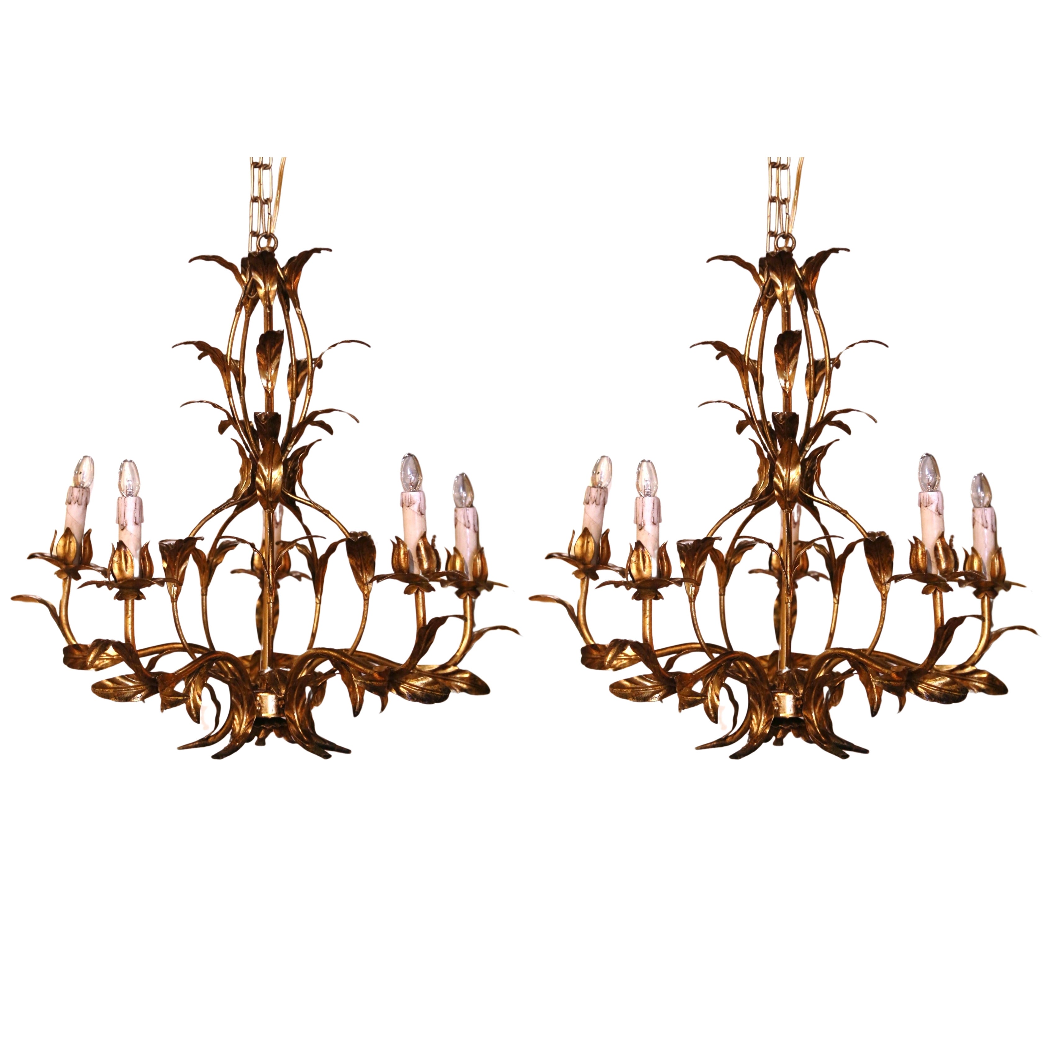 Pair of Mid-Century French Gilt Metal Six-Light Chandeliers with Leaf Motifs