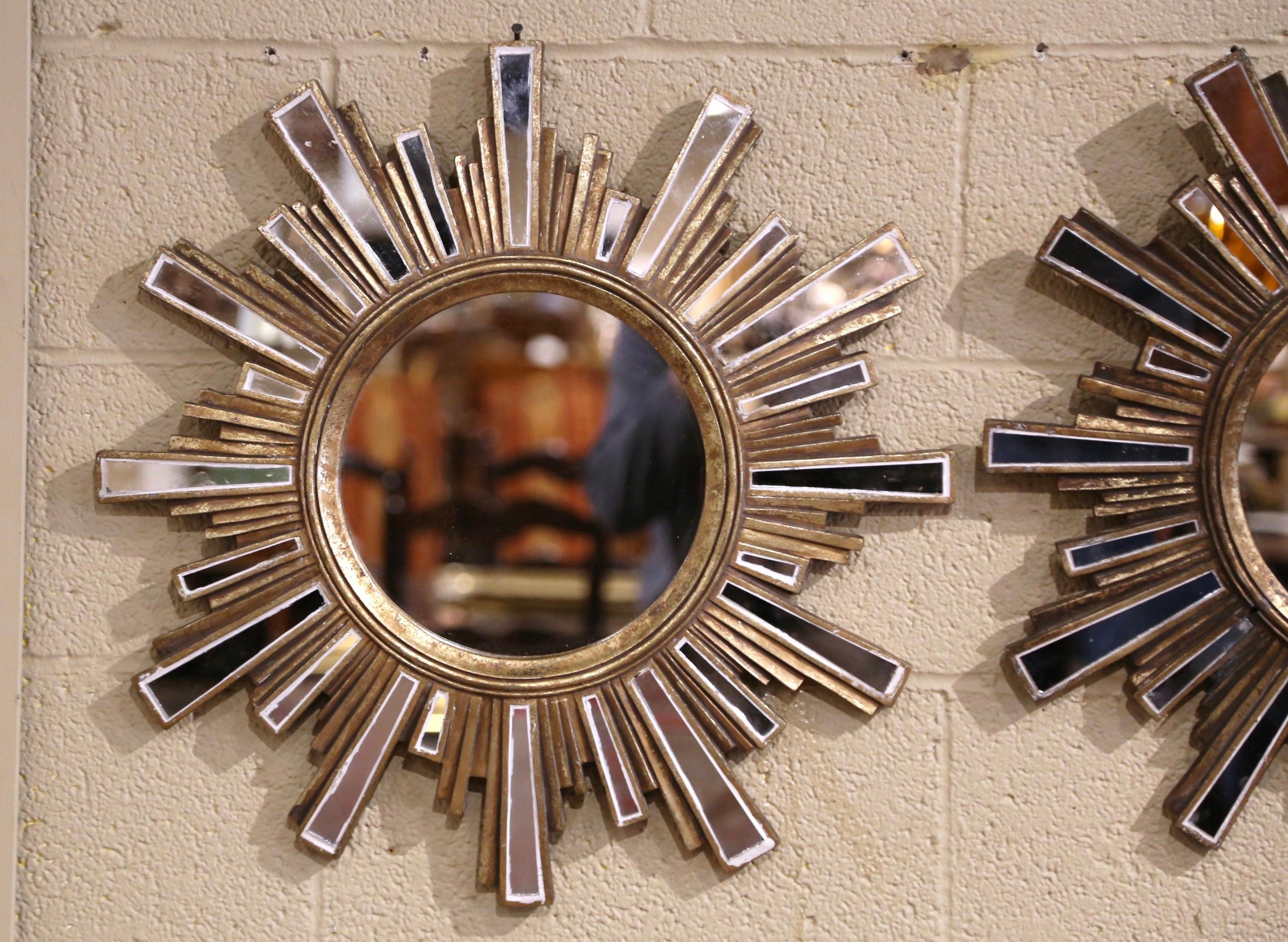 Hand-Crafted Pair of Midcentury French Giltwood and Cut Glass Wall Sunburst Mirrors For Sale