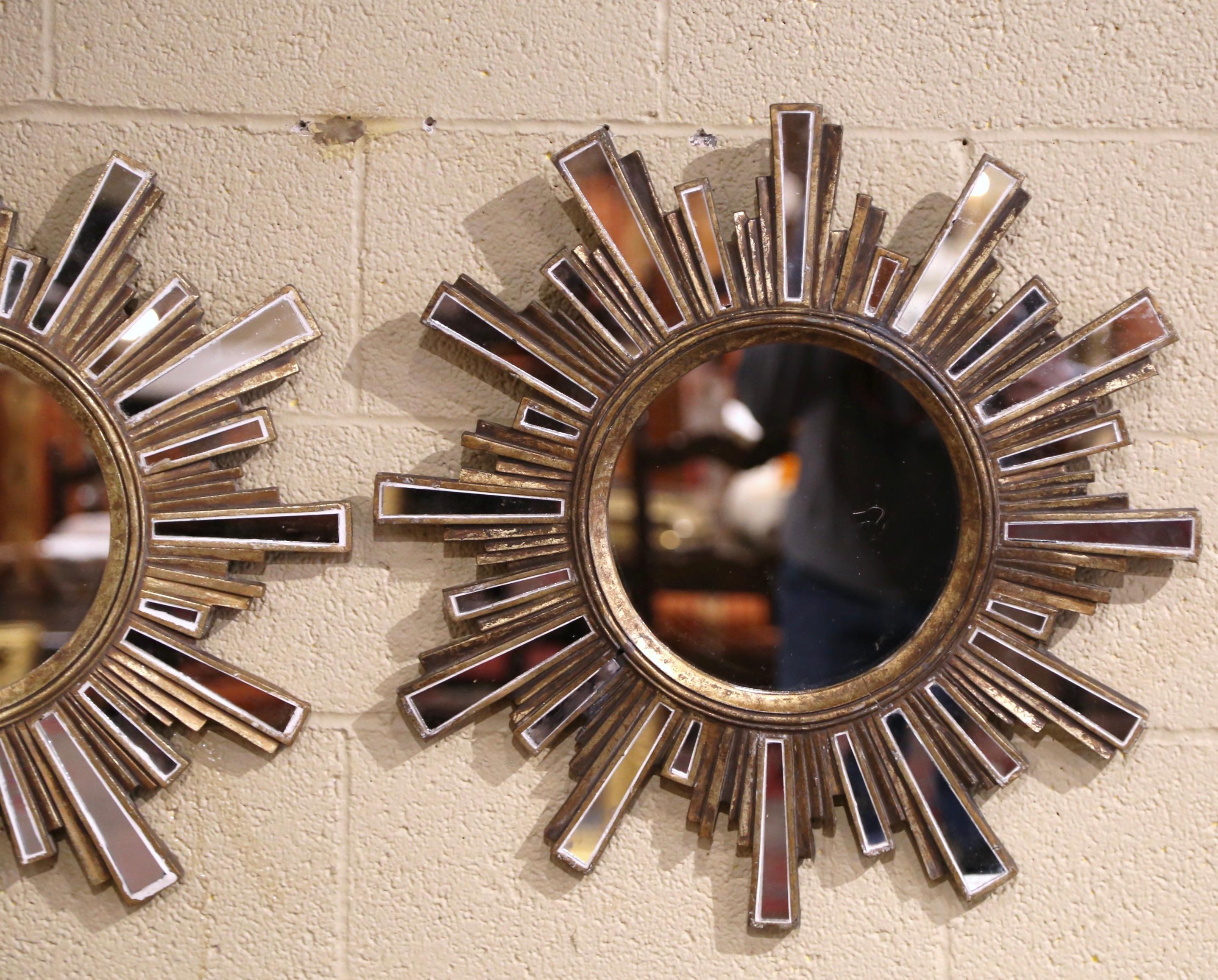 Pair of Midcentury French Giltwood and Cut Glass Wall Sunburst Mirrors In Excellent Condition For Sale In Dallas, TX