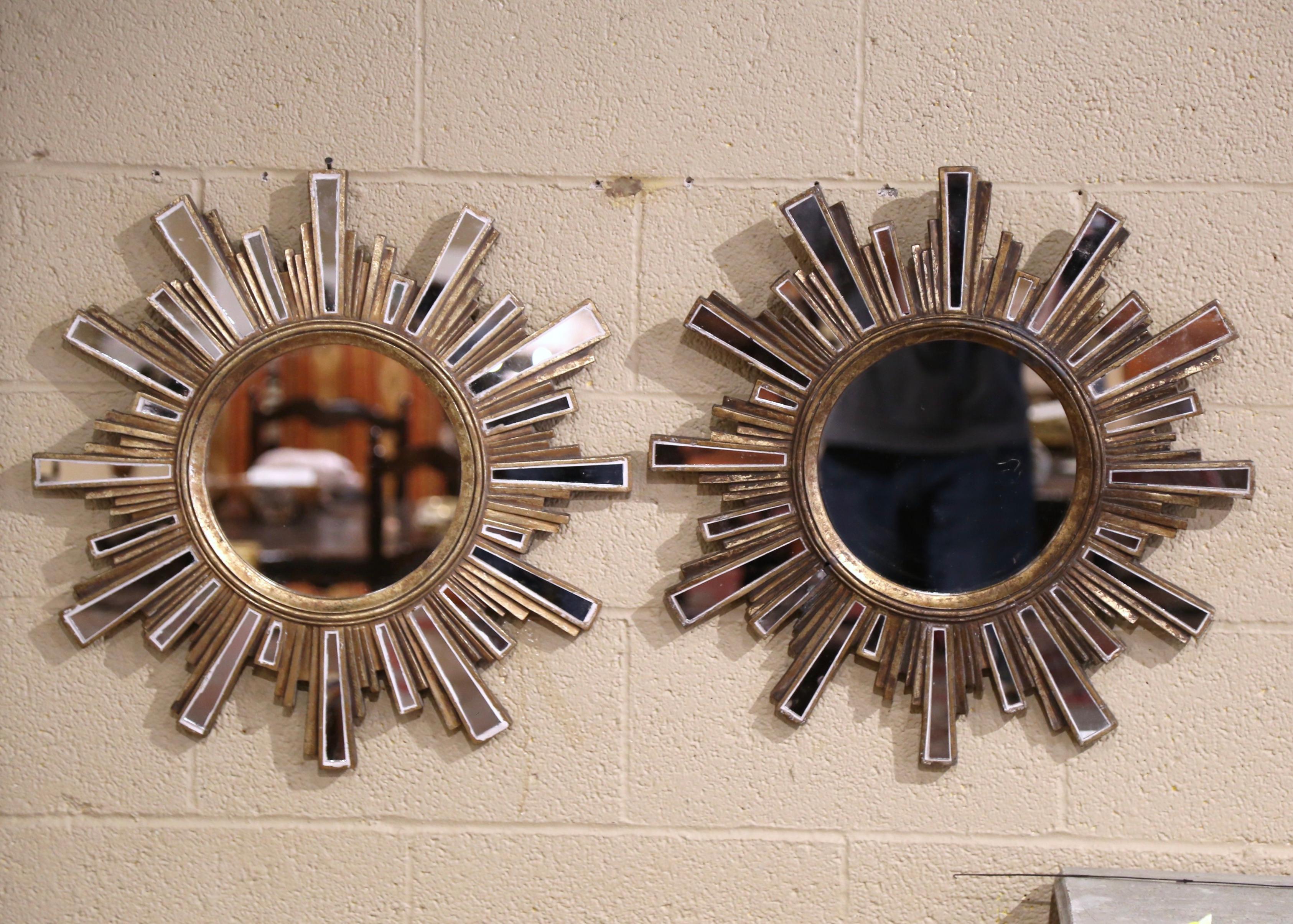 20th Century Pair of Midcentury French Giltwood and Cut Glass Wall Sunburst Mirrors For Sale