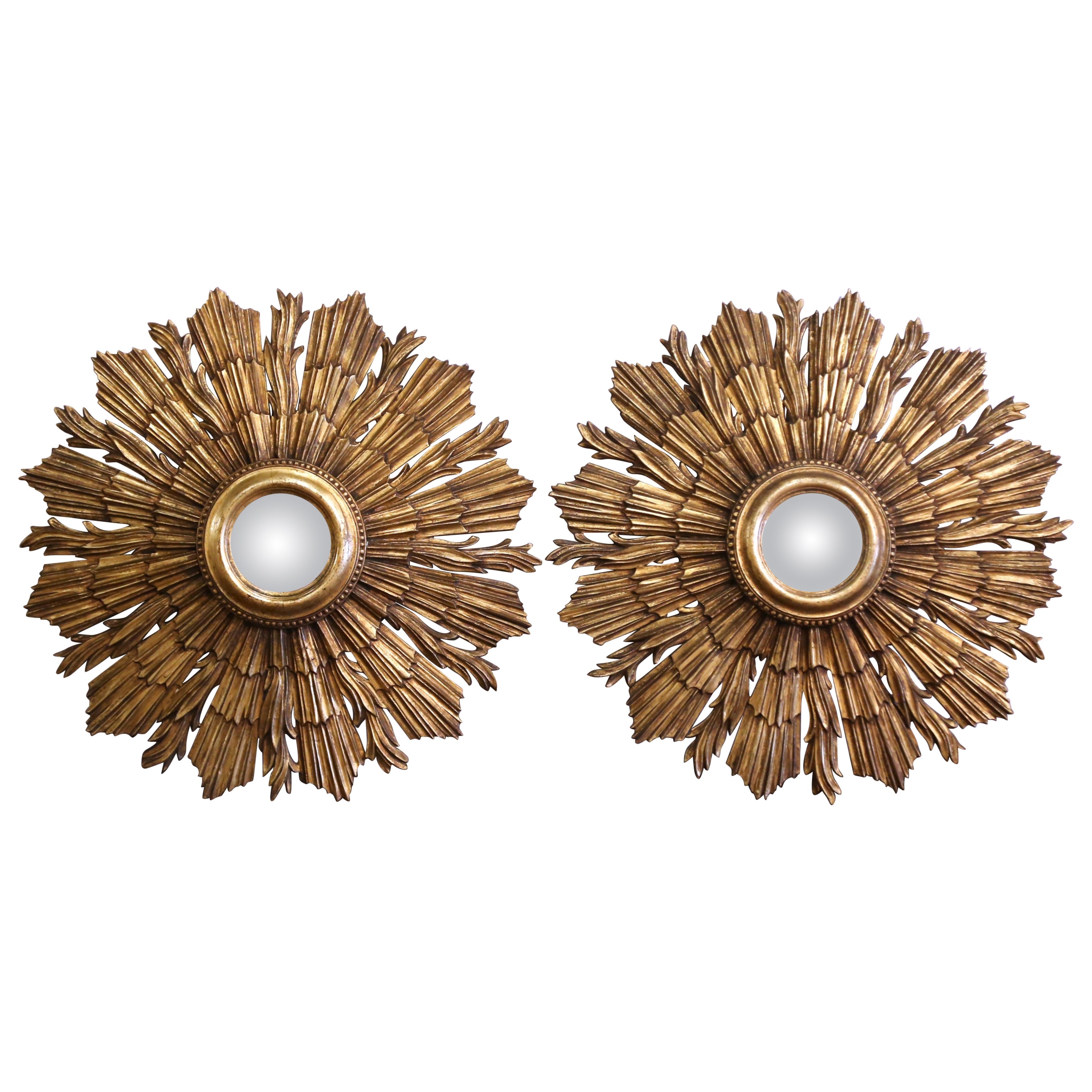Pair of Mid-Century French Giltwood Sunburst Mirrors with Convex Glass