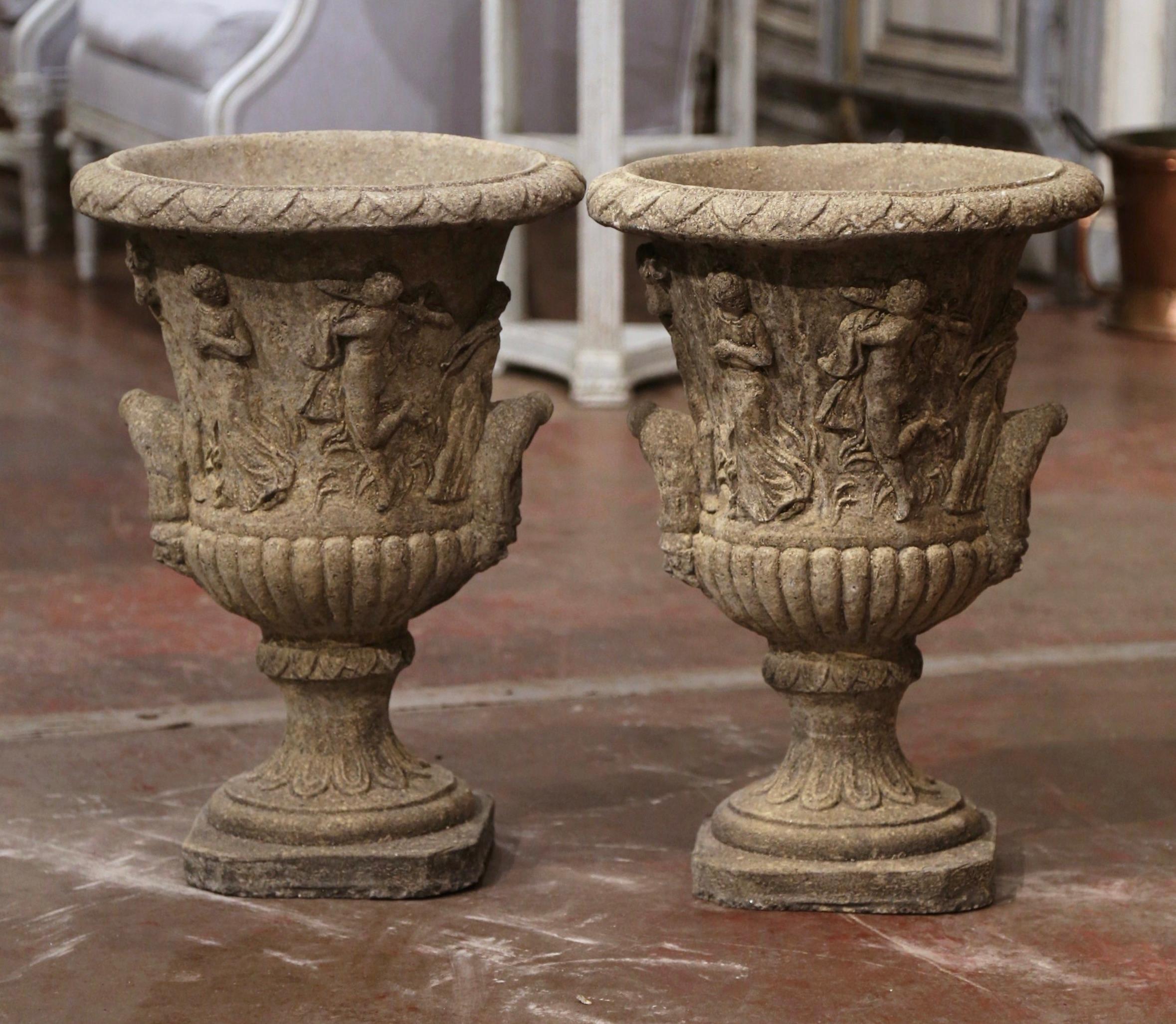 Hand-Carved Pair of Mid-Century French Hand Carved Stone Campana-Form Outdoor Garden Urns