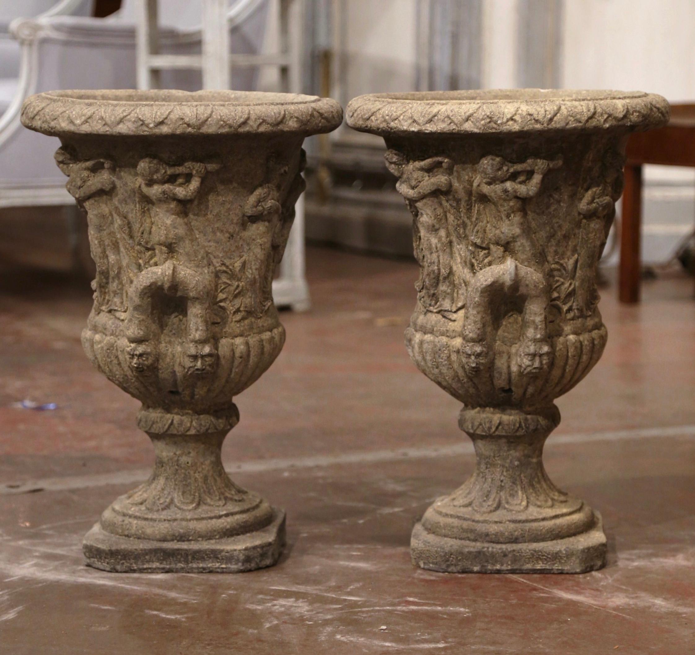 Pair of Mid-Century French Hand Carved Stone Campana-Form Outdoor Garden Urns In Excellent Condition In Dallas, TX