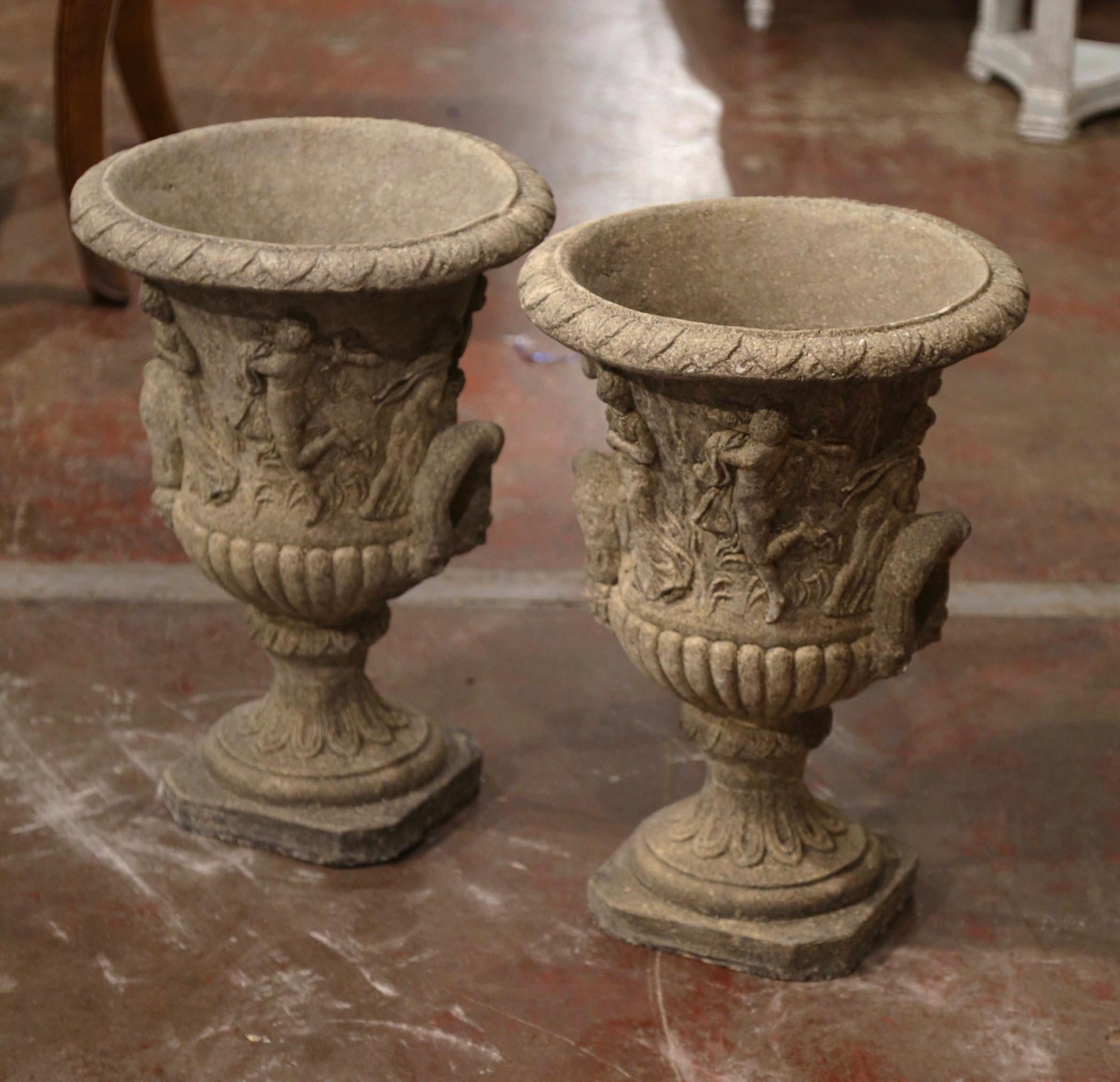 20th Century Pair of Mid-Century French Hand Carved Stone Campana-Form Outdoor Garden Urns
