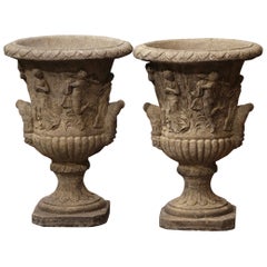 Pair of Mid-Century French Hand Carved Stone Campana-Form Outdoor Garden Urns