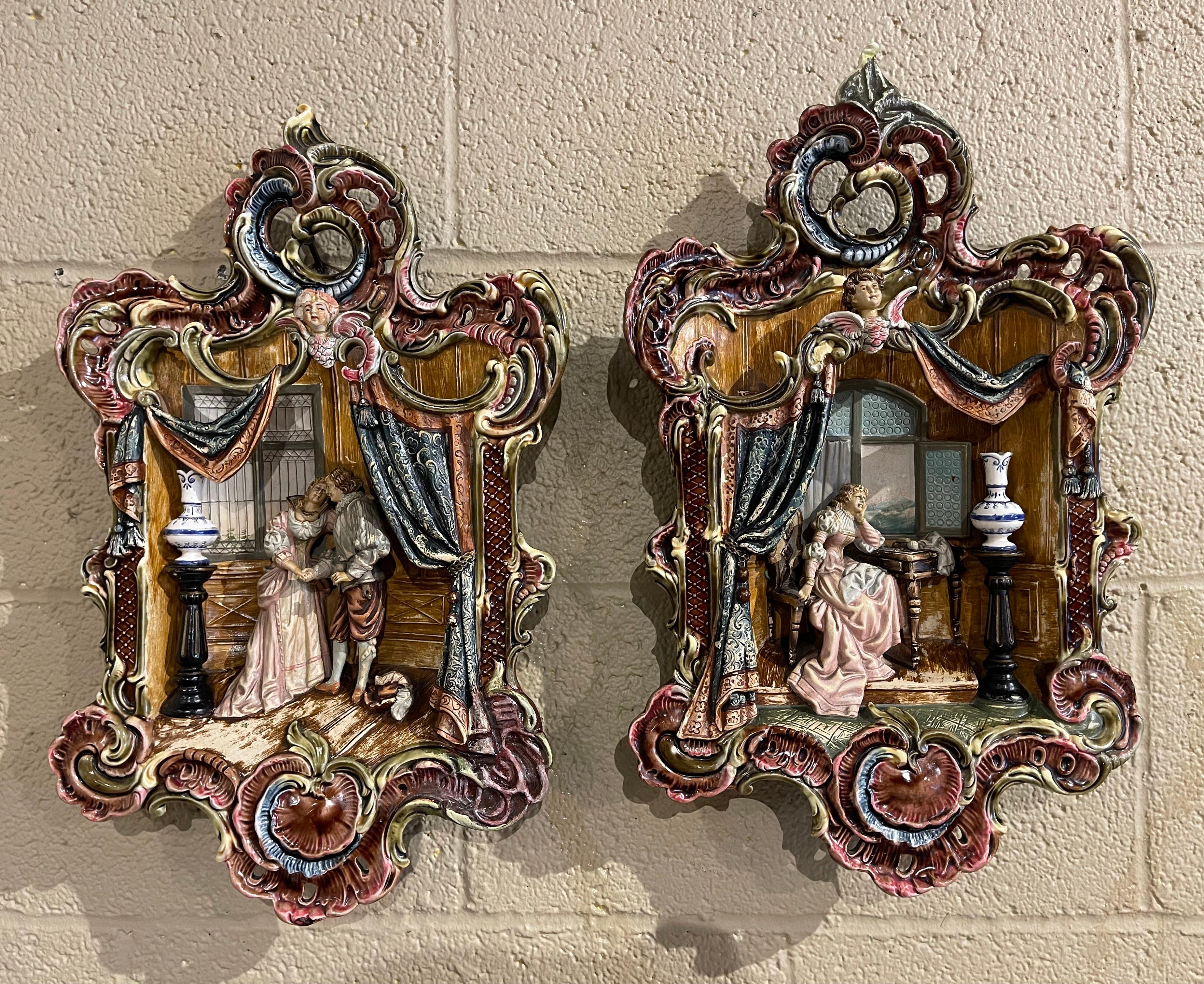 Hand-Crafted Pair of Mid-Century French Hand Painted Ceramic Barbotine Figural Wall Plaques